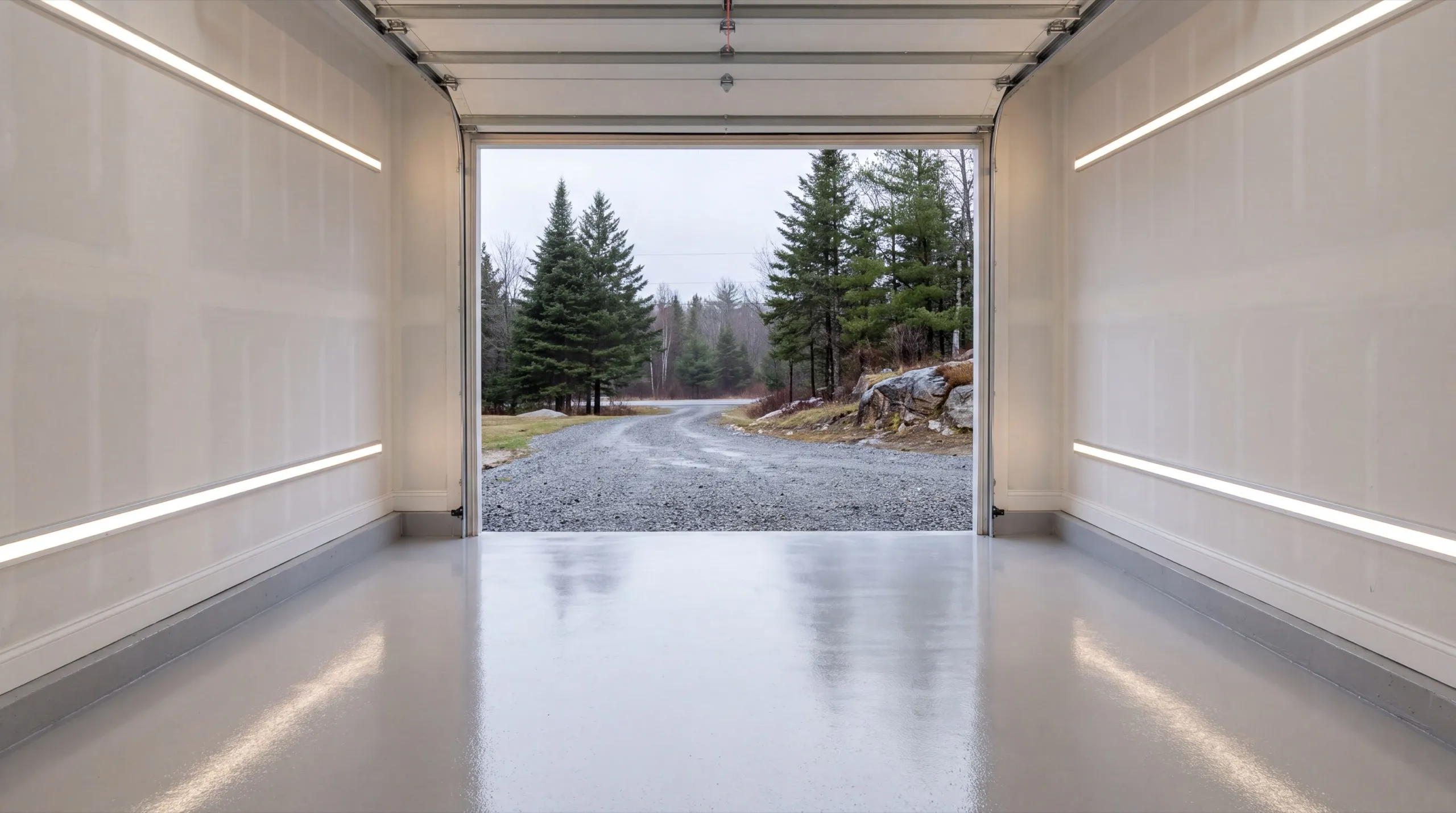 Garage remodeling in Vassalboro, ME: finished single-bay garage interior with white walls, coated floor and door open