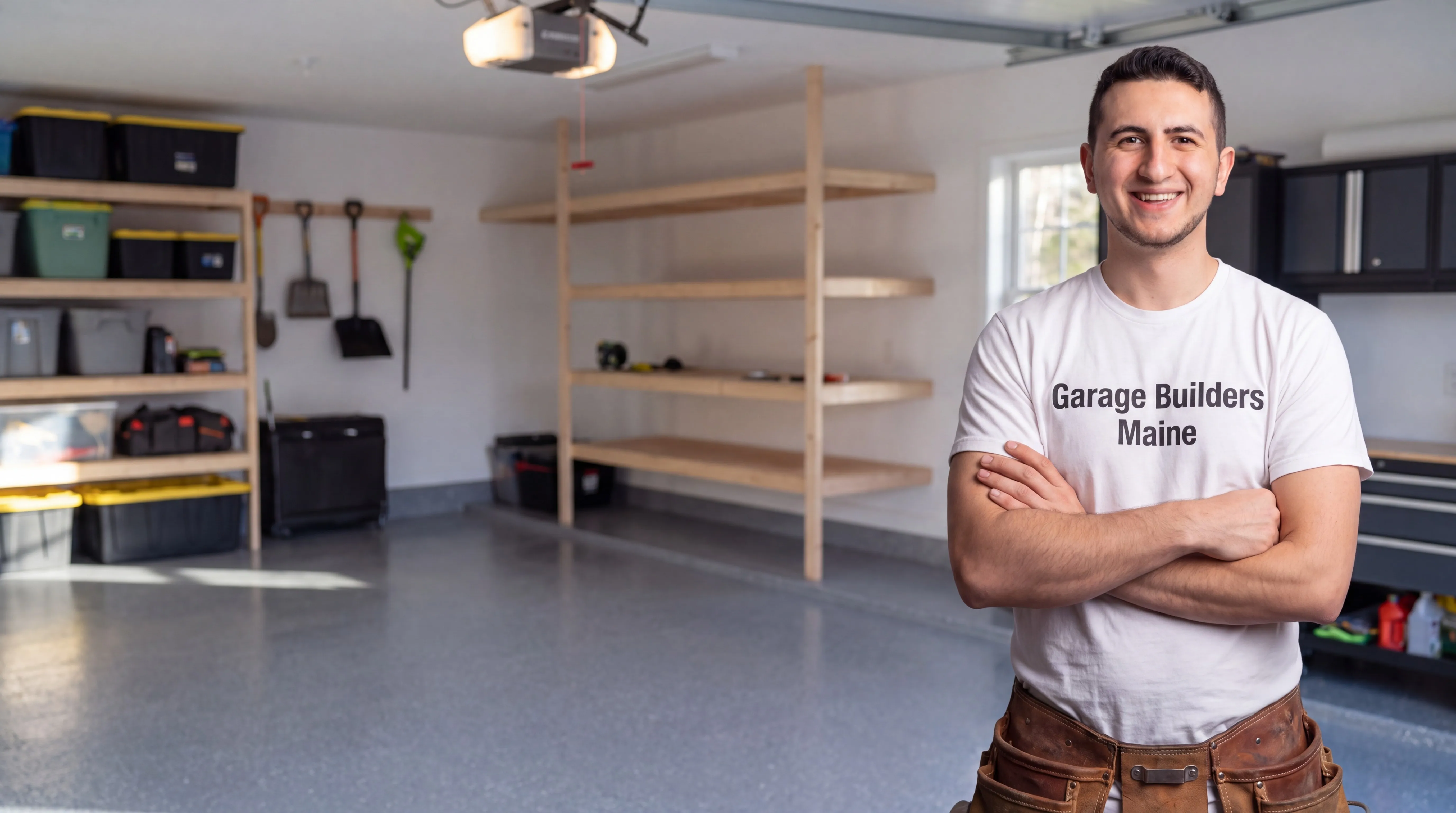 Garage remodeling Vassalboro Maine: owner with arms crossed in a finished garage with wood shelving and bins
