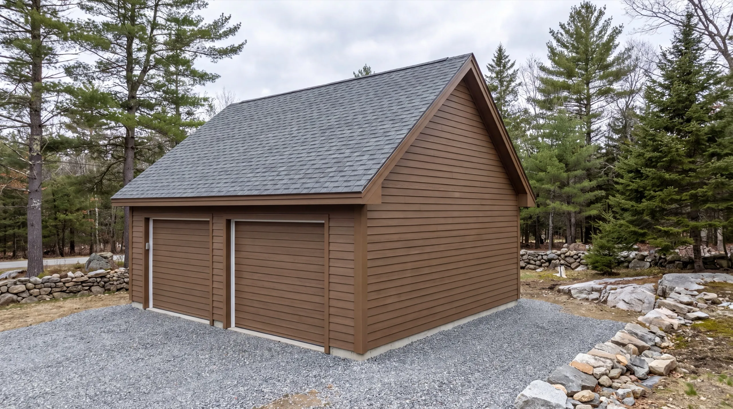 Garage remodeling West Gardiner Maine: brown two-bay garage with brown doors on a gravel pad by a stone wall
