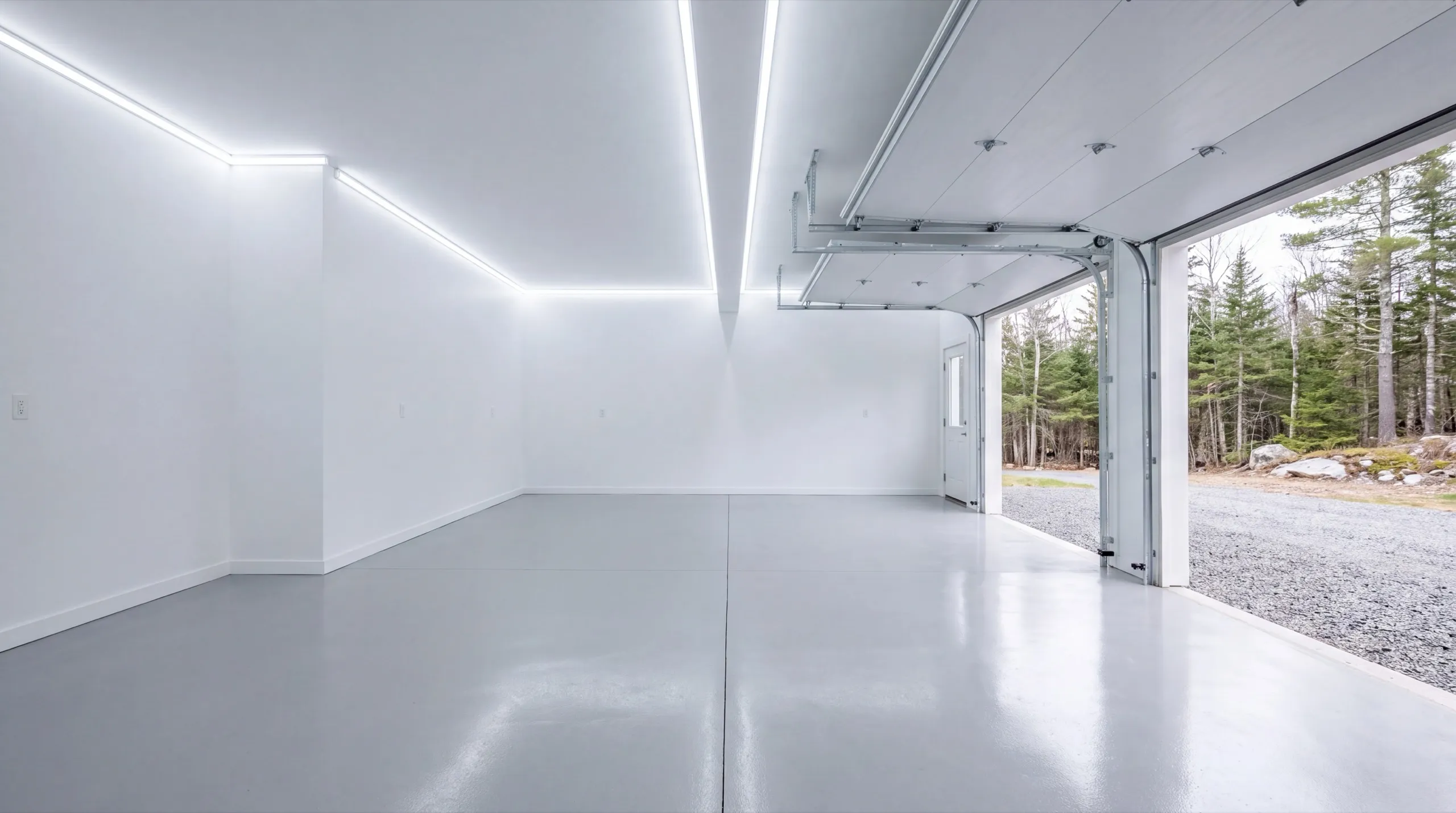 Garage remodeling in West Gardiner, ME: finished garage interior with white walls, coated gray floor and doors open