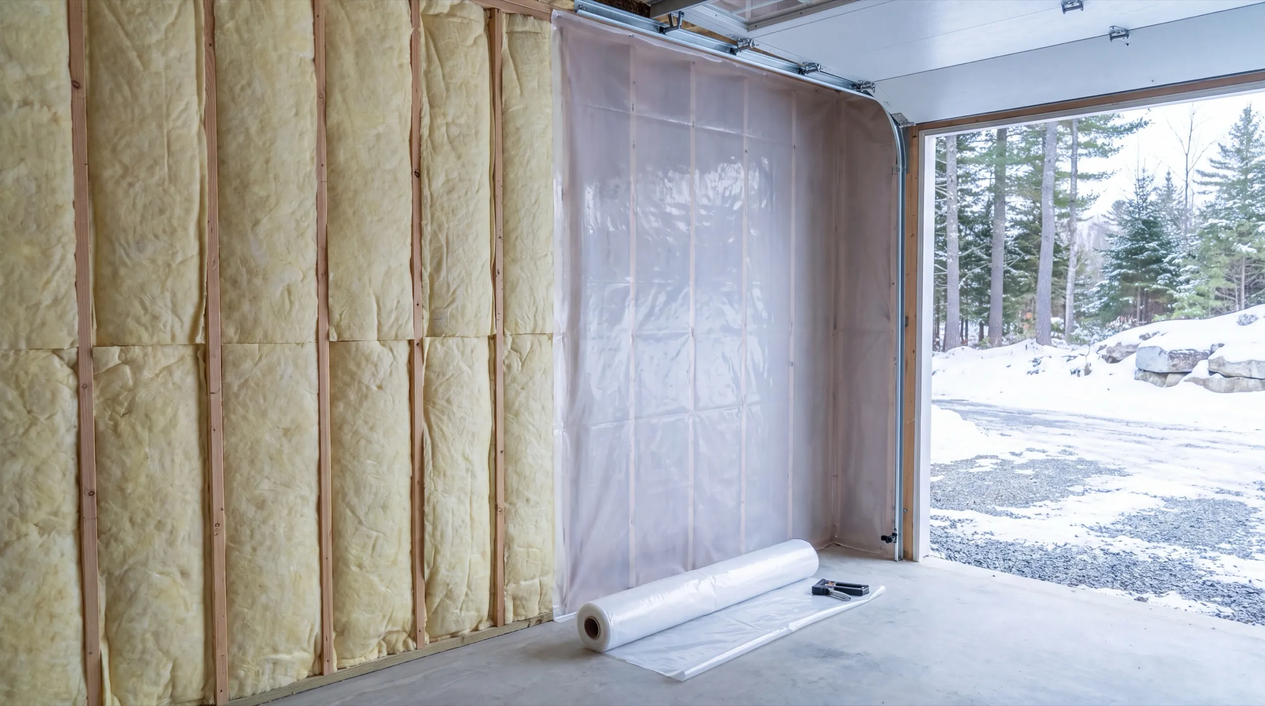 Garage renovation contractor West Gardiner Maine: batt insulation in garage stud walls with plastic sheeting going up, door open