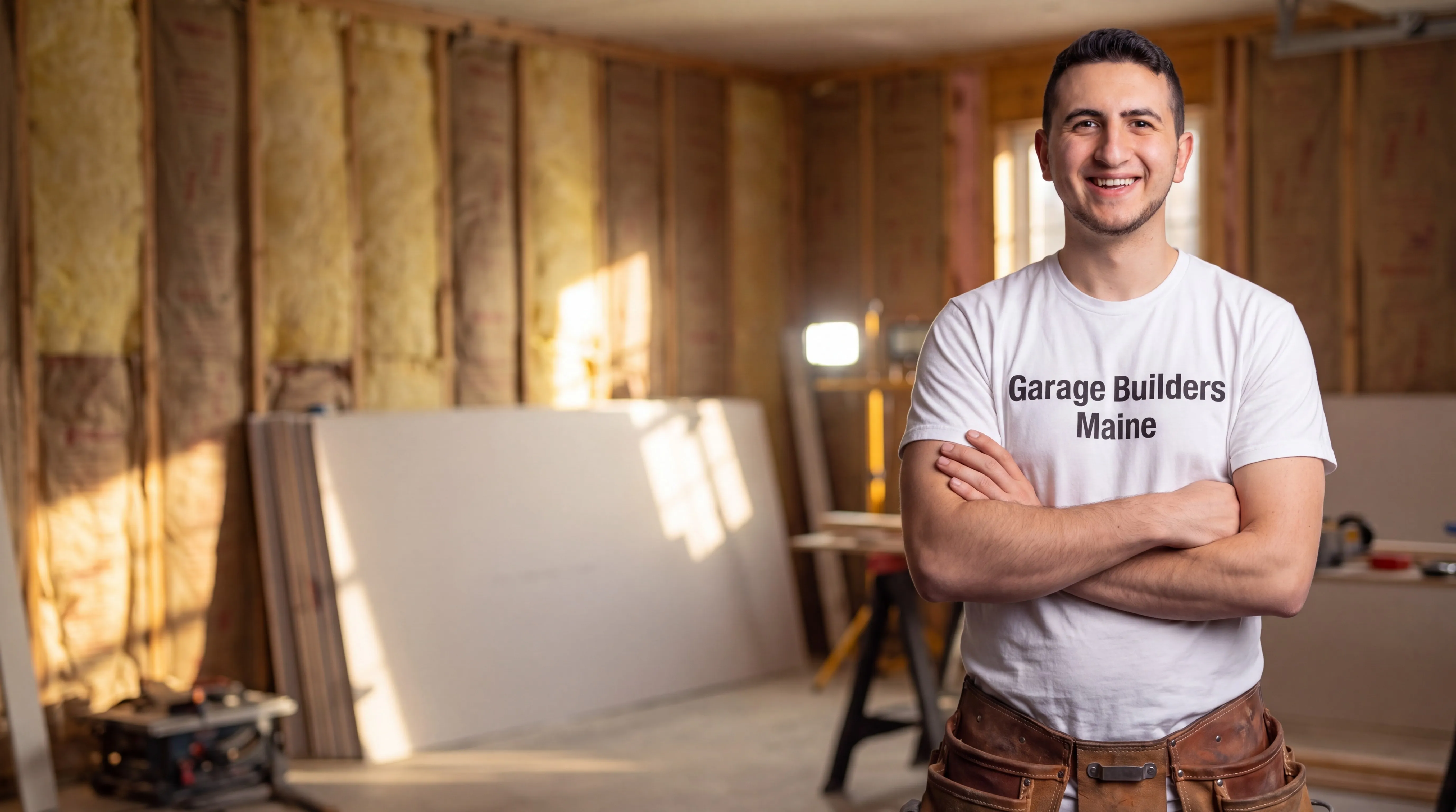 Owner of Garage Builders Maine standing with his arms crossed and smiling at a Maine job site