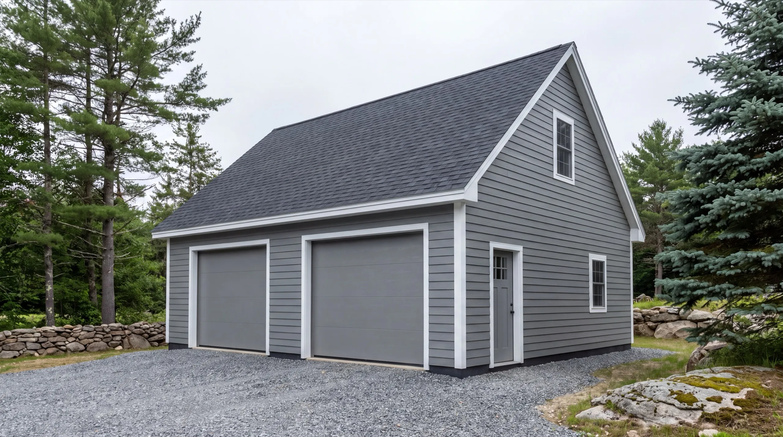 Garage remodeling contractor West Gardiner Maine: gray two-bay garage with gray doors, a side entry door and a gable window