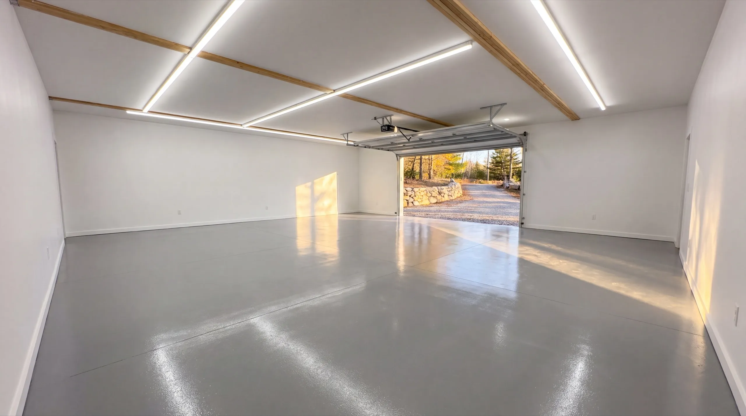 Garage remodeling in Whitefield, ME: finished garage interior with white walls, gray coated floor and an open door