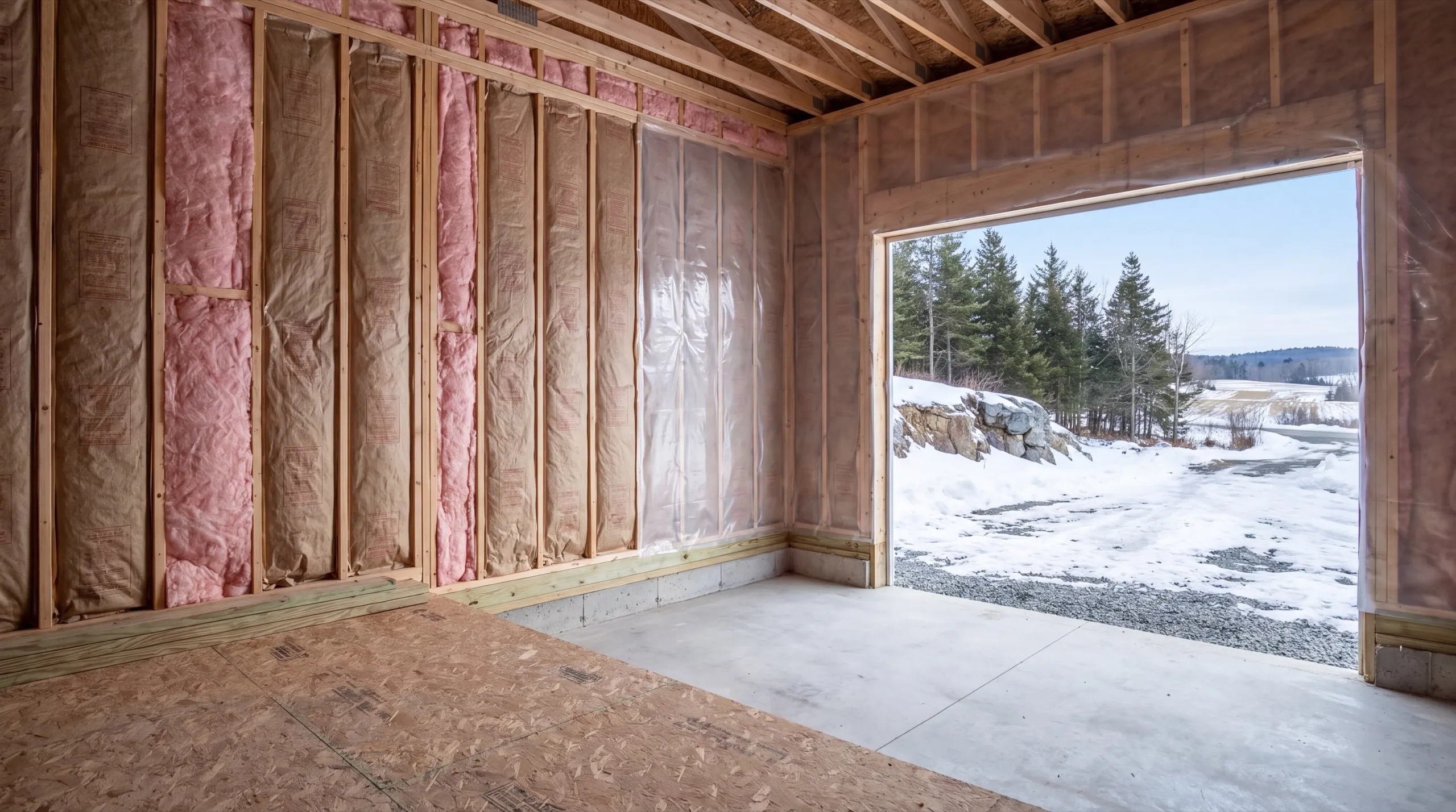 Garage renovation contractor Whitefield Maine: framed garage walls filled with pink insulation and plastic, open door to snow