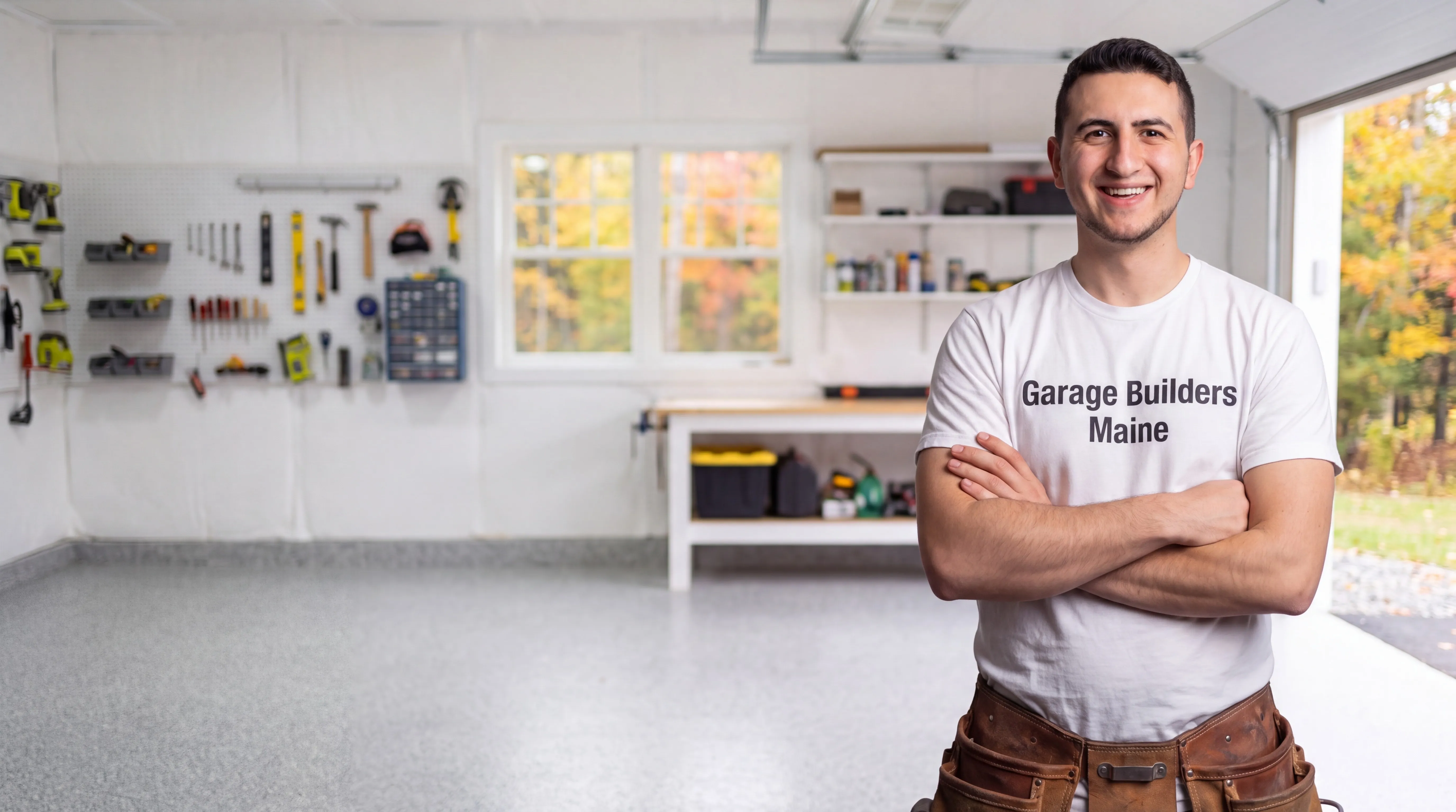 Garage remodeling Whitefield Maine: owner with arms crossed in front of a finished garage workshop and tool wall