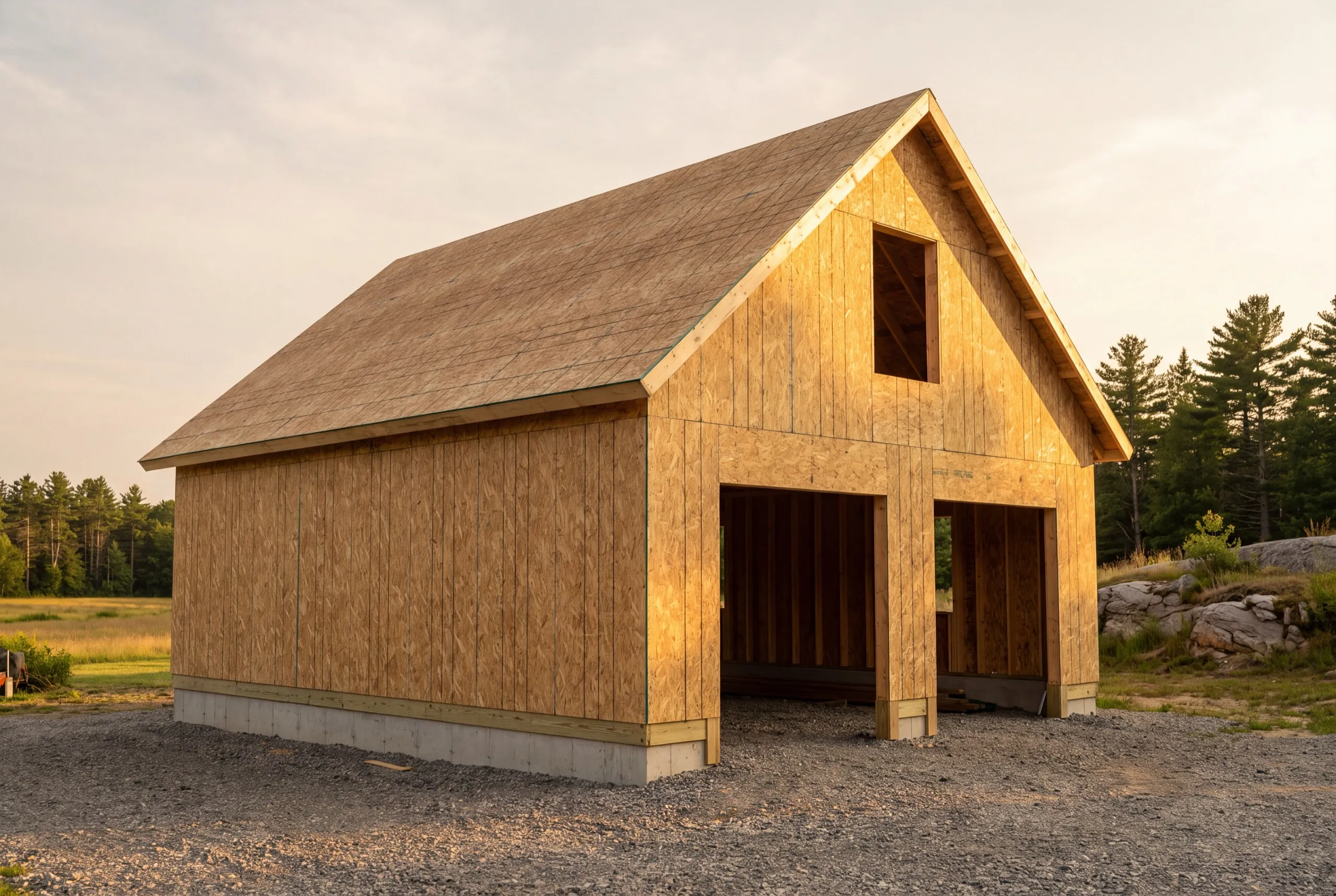 Garage remodeling contractor Whitefield Maine: new two-bay garage shell sheathed in plywood with a loft window opening