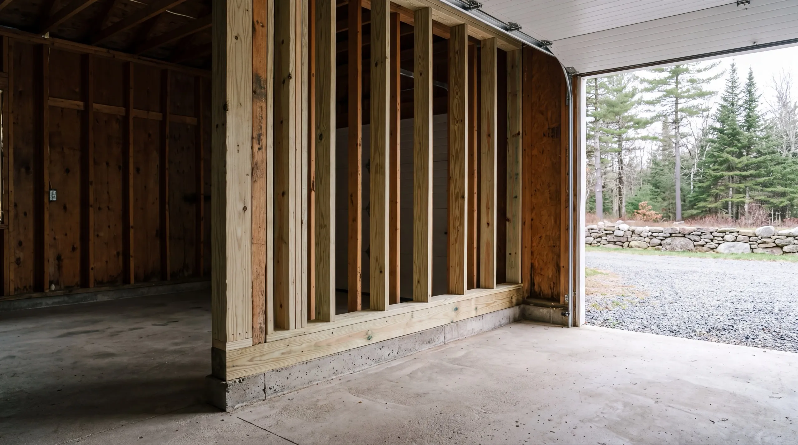 Garage remodeling Whitefield Maine: new stud wall framed on a fresh sill over a concrete garage curb