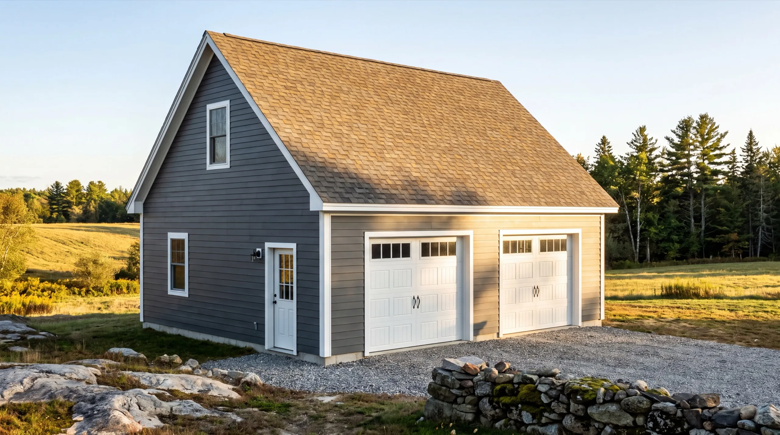 Garage remodeling contractor Whitefield Maine: finished gray two-car detached garage with white doors and a loft window