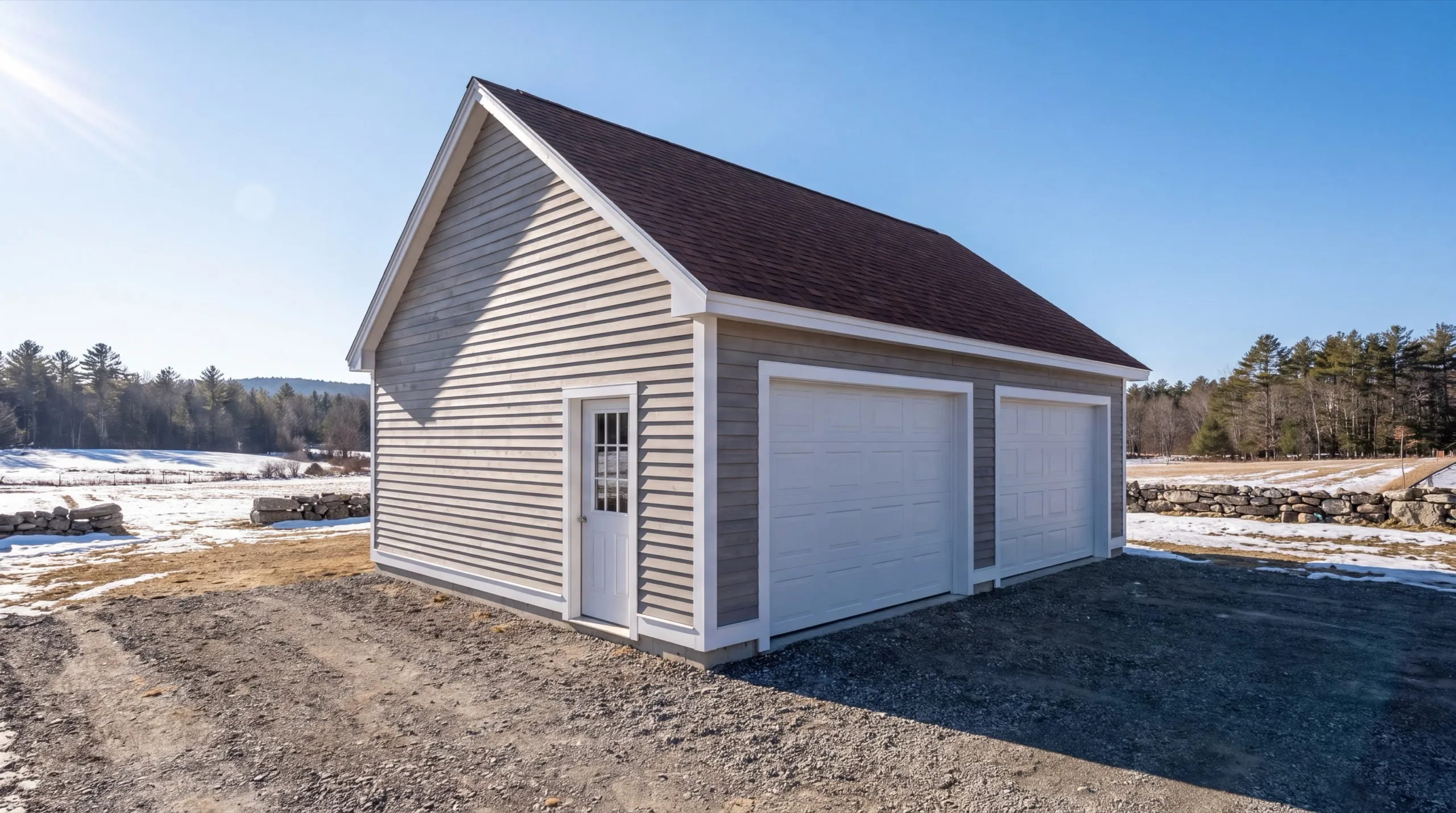 Garage remodeling Windsor Maine: finished two-car detached garage with gray lap siding and a wide gravel apron