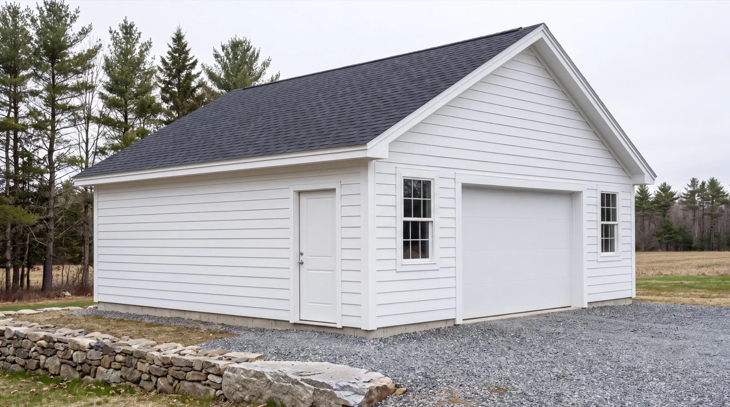 Garage remodeling contractor Windsor Maine: finished white one-bay detached garage with a side door beside a stone wall