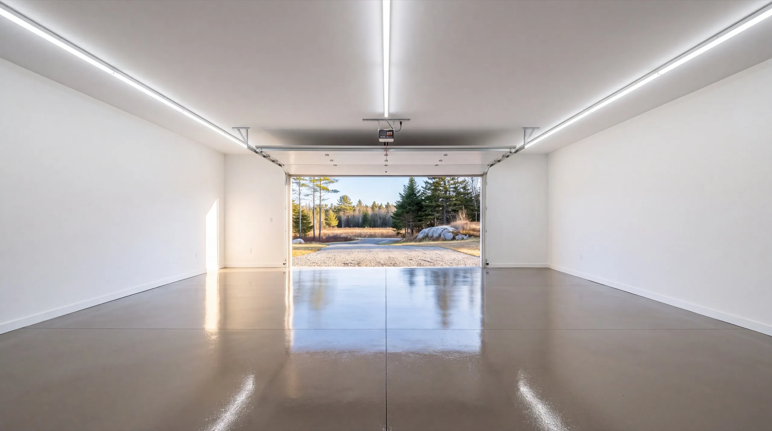 Garage remodeling in Windsor, ME: finished garage interior with white walls, LED strip lights and a glossy floor