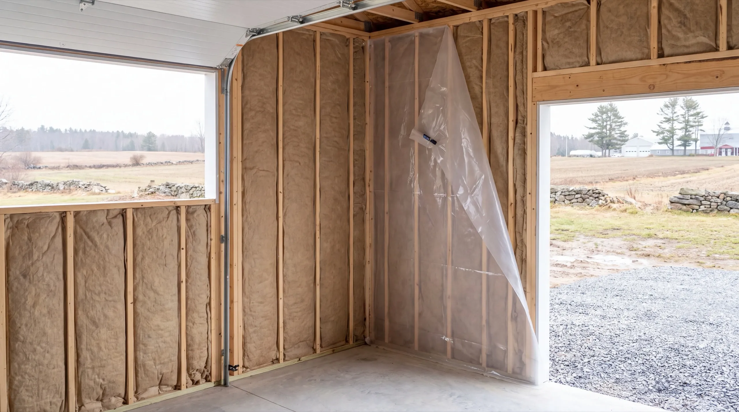 Garage remodeling Windsor Maine: garage stud walls filled with insulation batts as plastic sheeting goes up