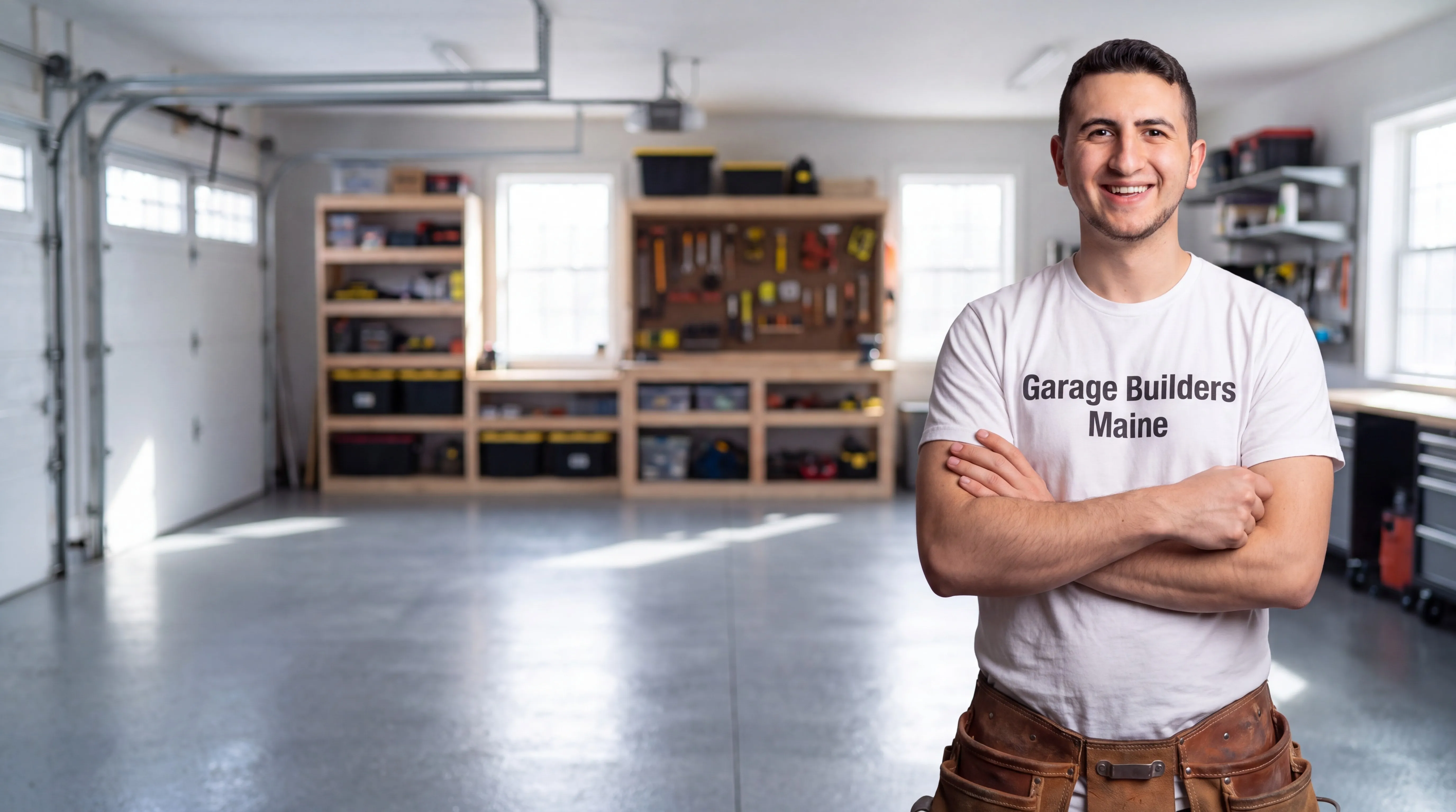 Garage remodeling Windsor Maine: owner with arms crossed in a finished garage with storage shelves and tool wall