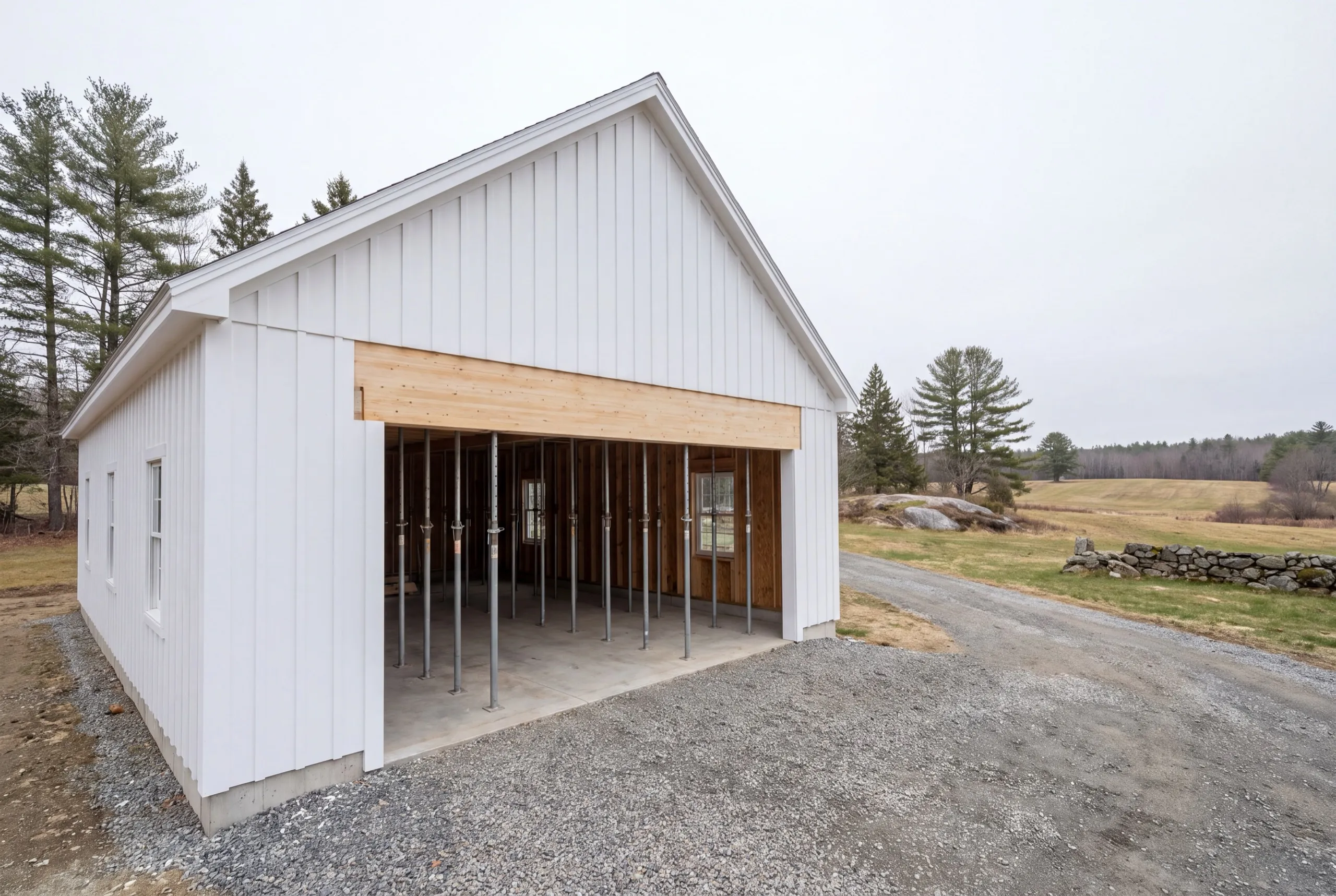 Garage renovation contractor Windsor Maine: white board and batten garage with a new wood header and steel shoring posts