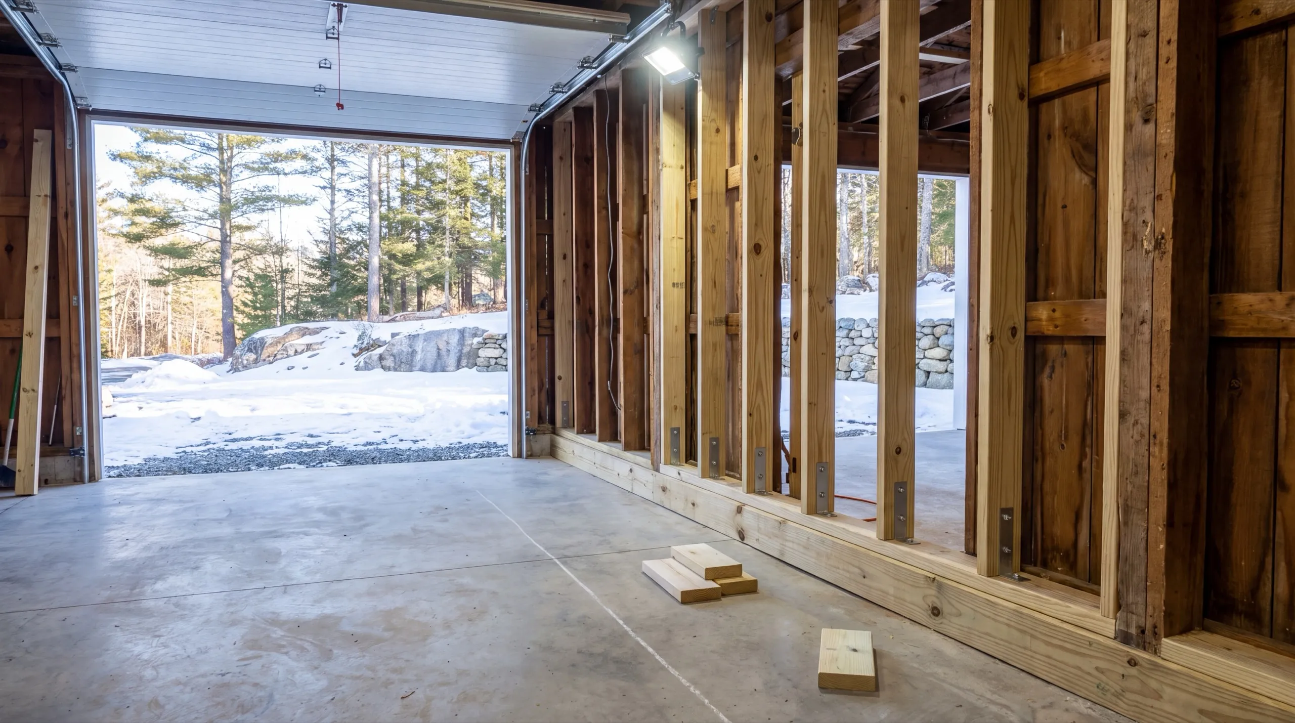 Garage remodeling contractor Windsor Maine: new garage studs with metal brackets on a fresh sill, door open to snow