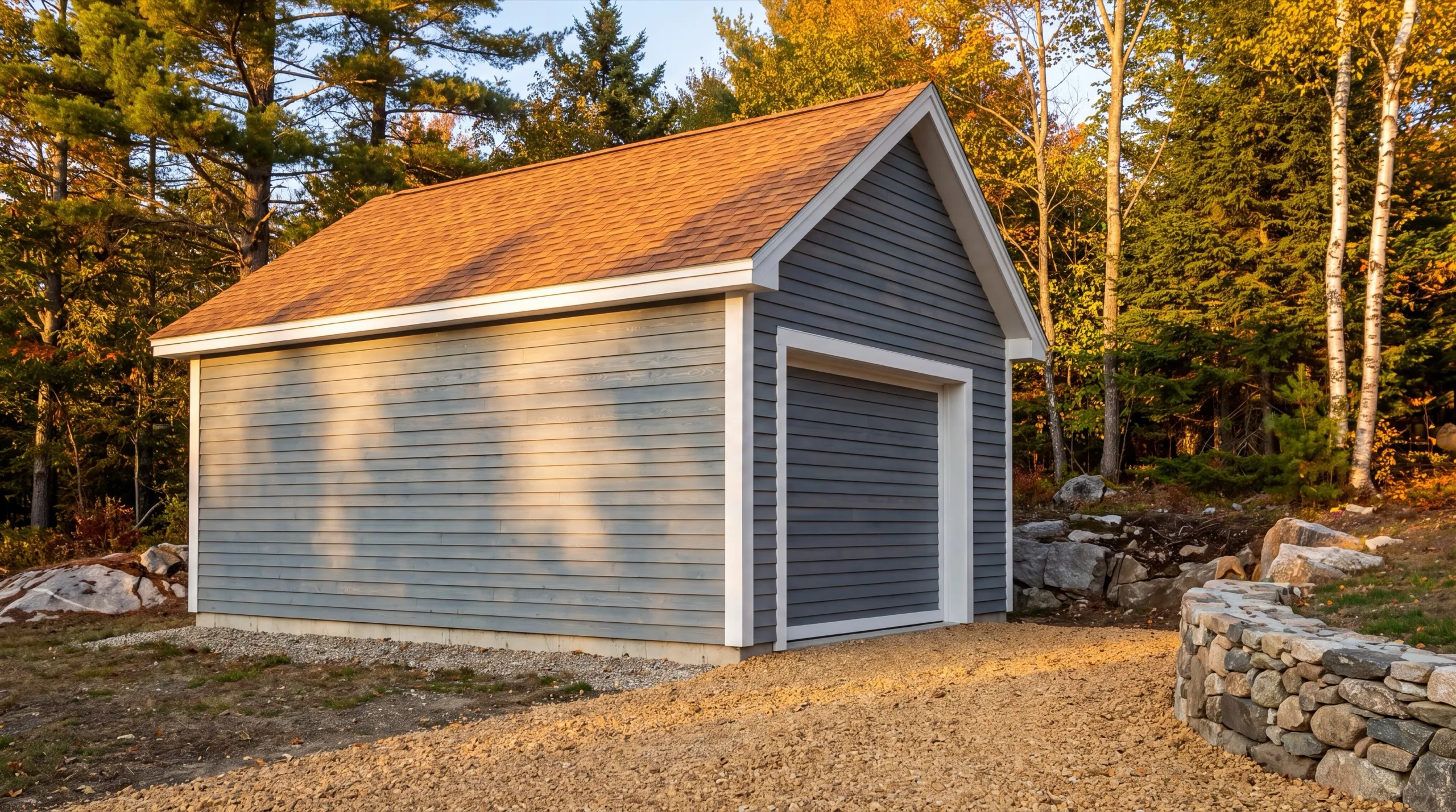Garage remodeling Winthrop Maine: blue gray one-bay detached garage with lap siding in the woods