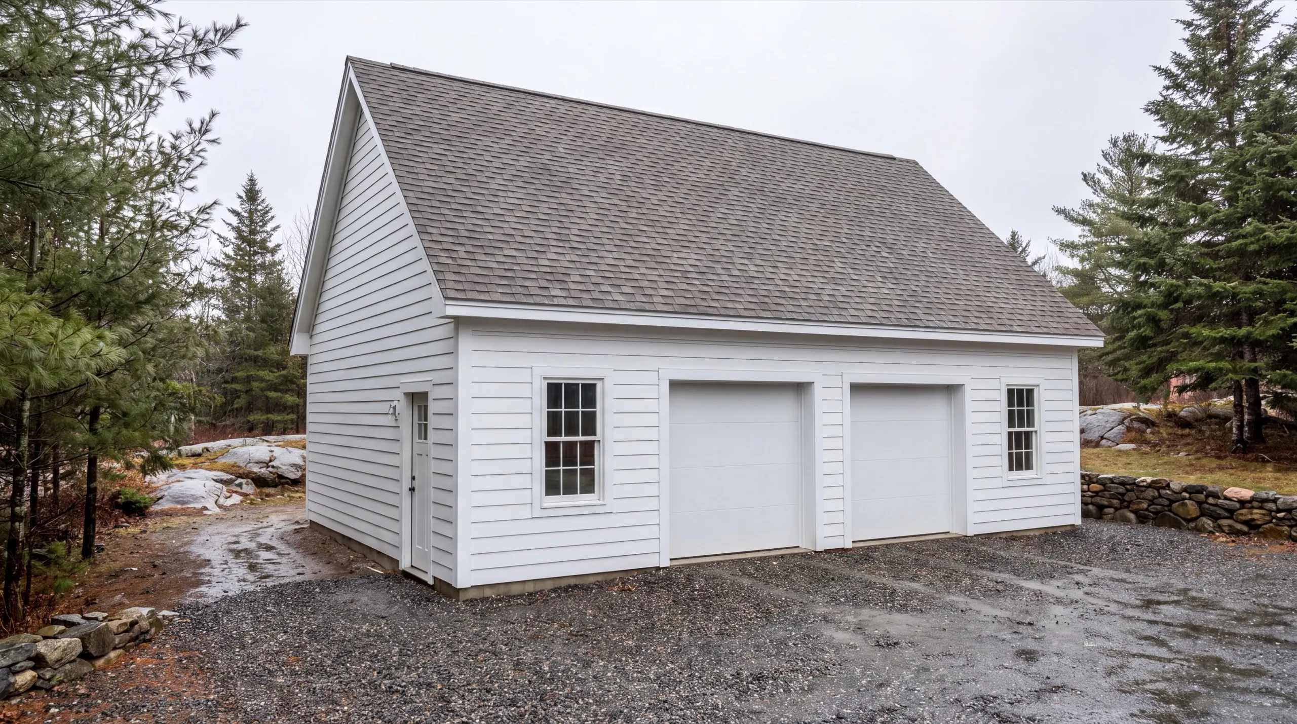 Garage remodeling Winthrop Maine: finished white two-bay detached garage with lap siding on a gravel drive