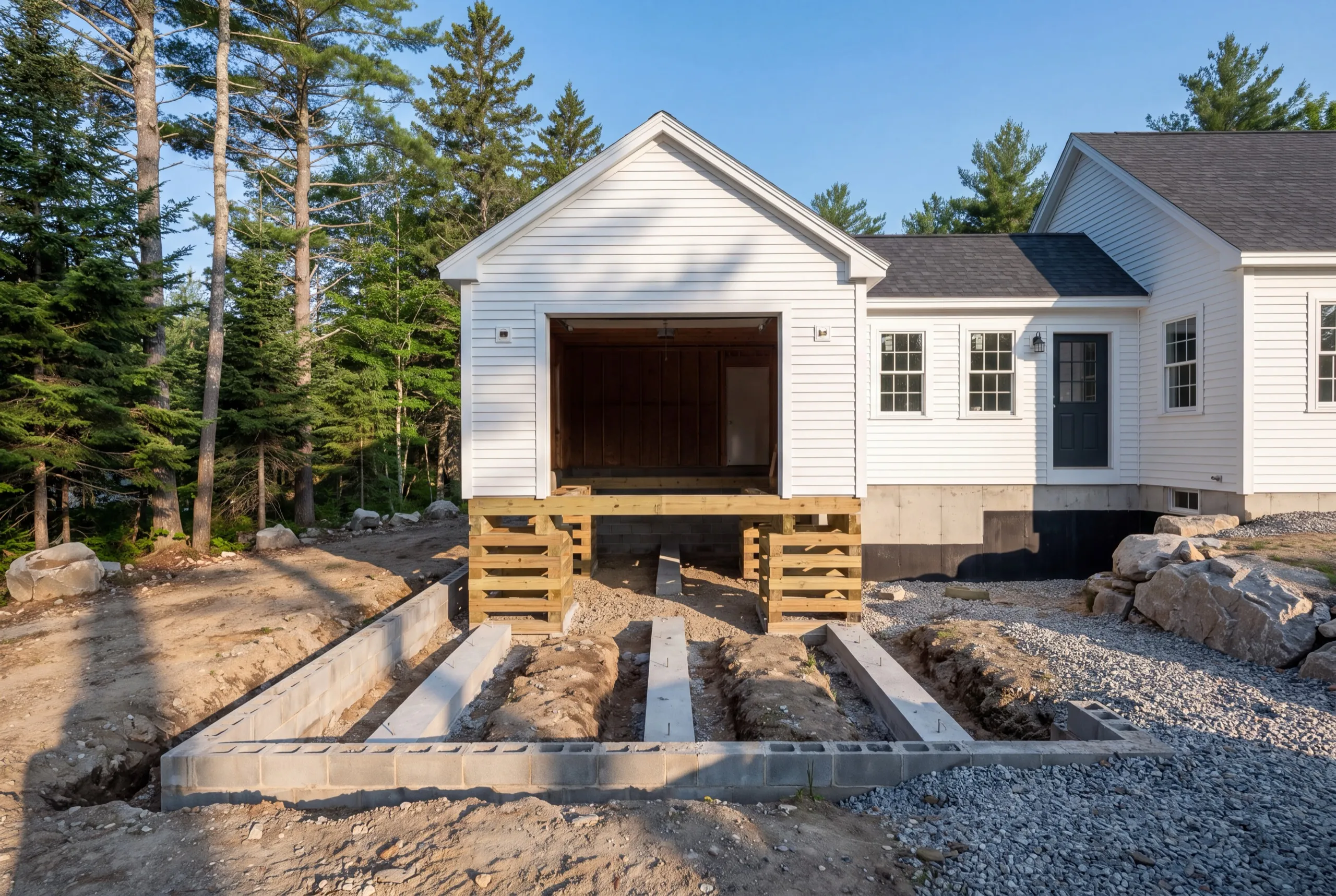 Garage remodeling contractor Winthrop Maine: attached garage raised on timber cribbing with a new block foundation laid out