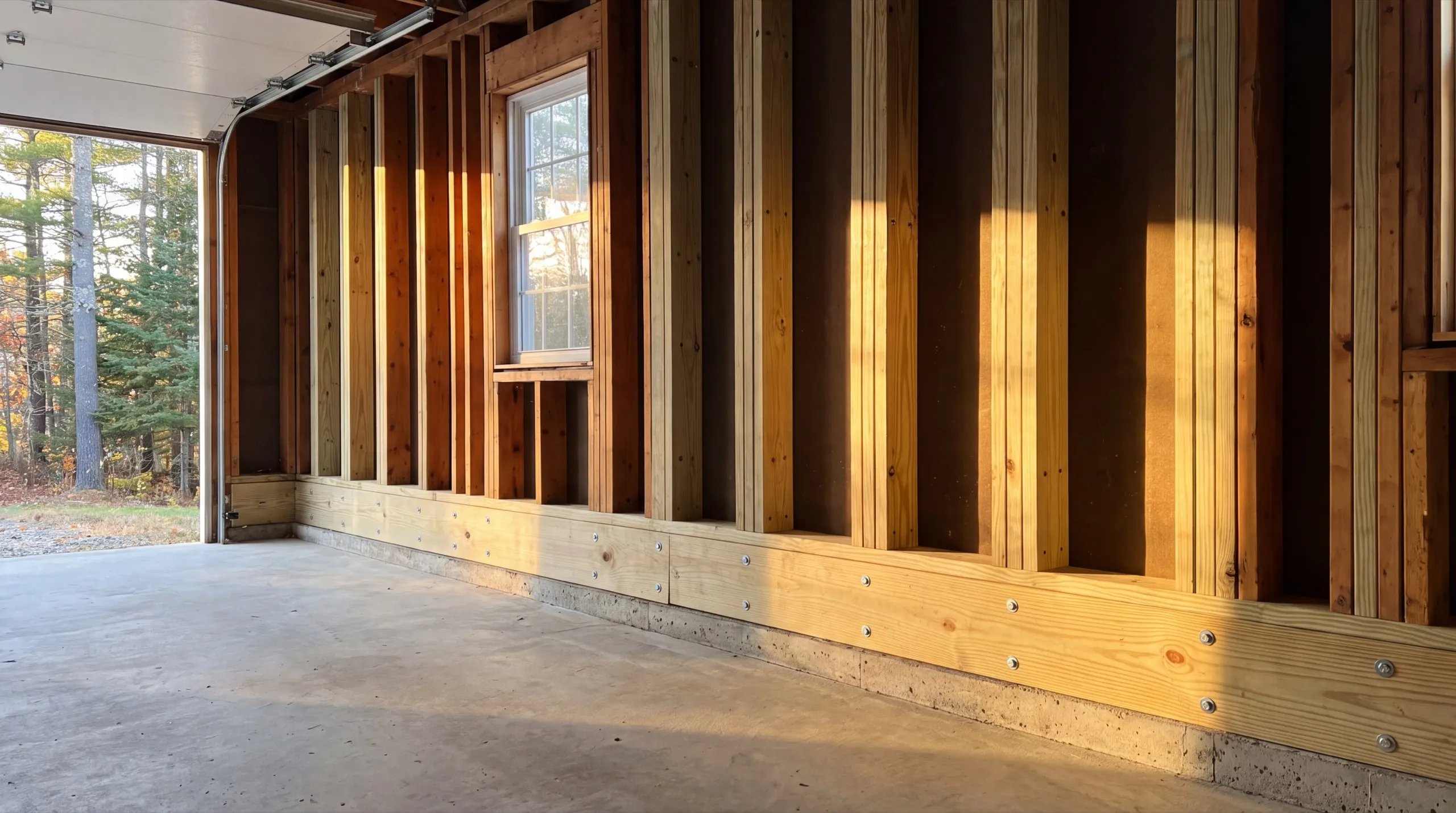 Garage remodeling contractor Winthrop Maine: sistered garage wall studs over new bolted sill boards on a concrete wall