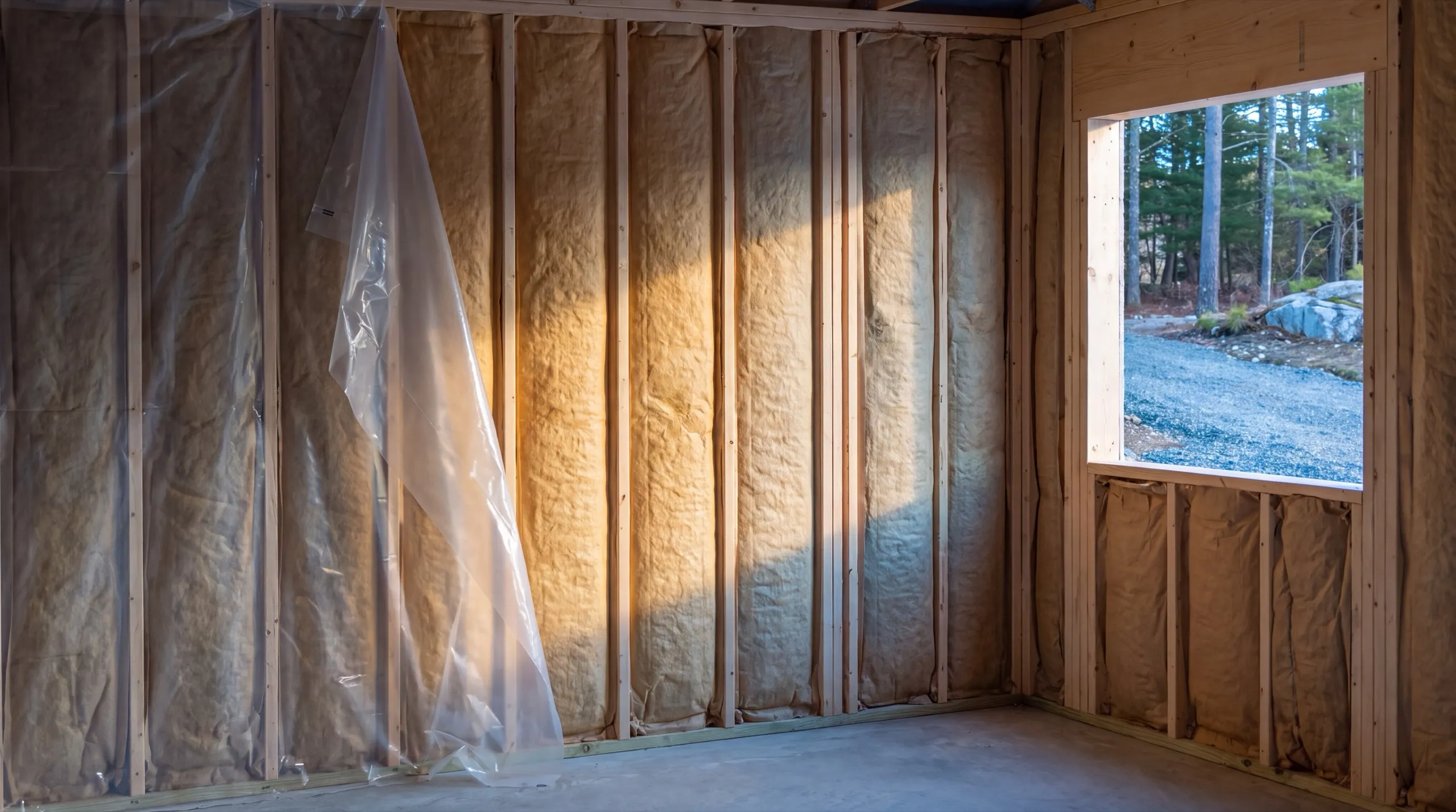 Garage remodeling contractor Wiscasset Maine: stud walls filled with insulation batts as plastic sheeting goes up