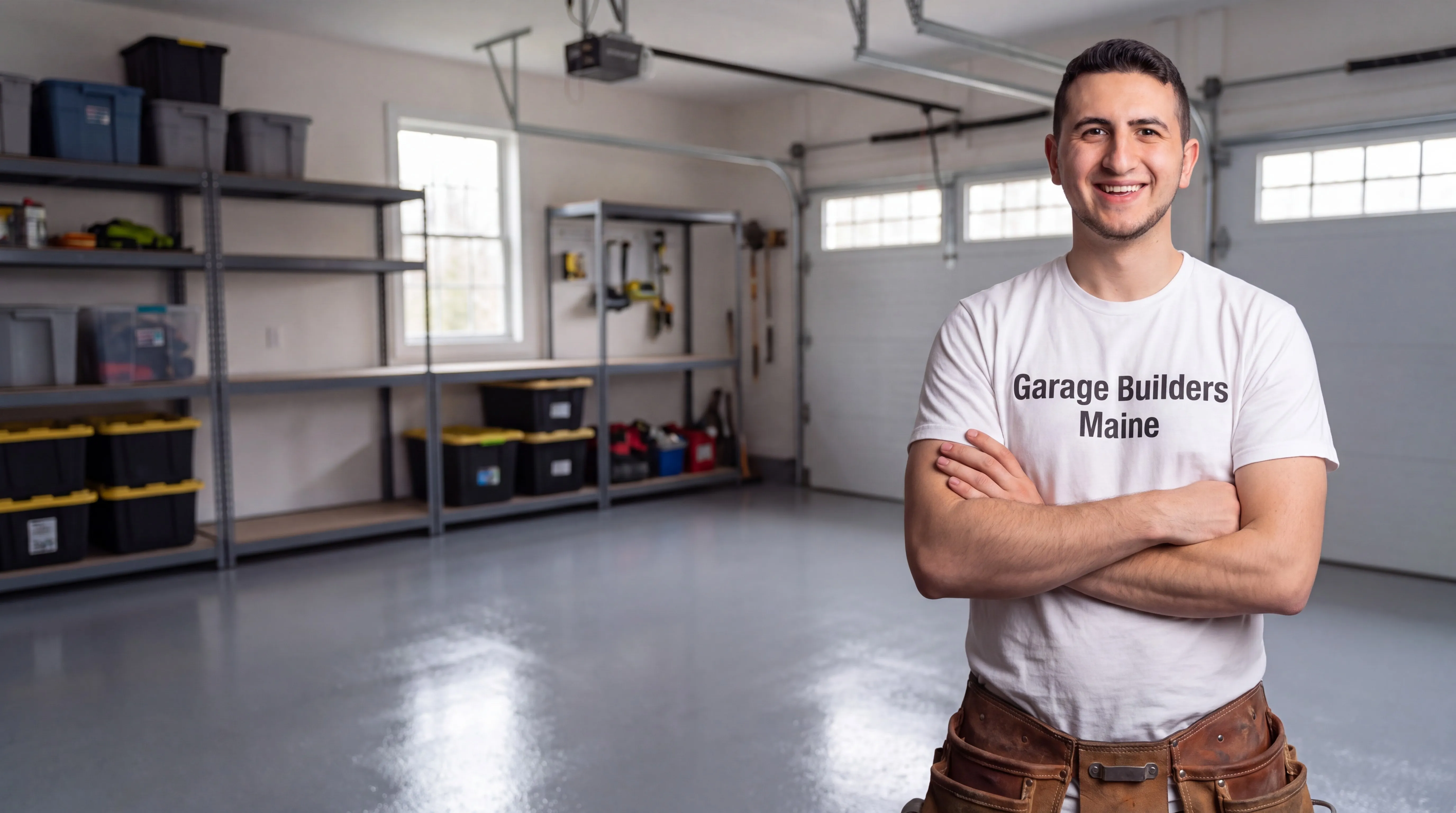 Owner of Garage Builders Maine standing with his arms crossed and smiling at a Maine job site