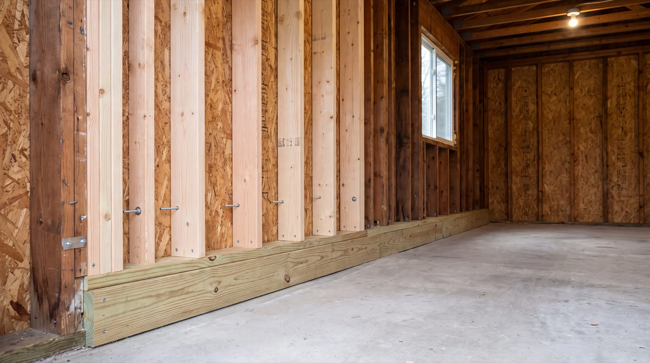 Garage remodeling Wiscasset Maine: new studs added along an old garage wall over fresh sill boards