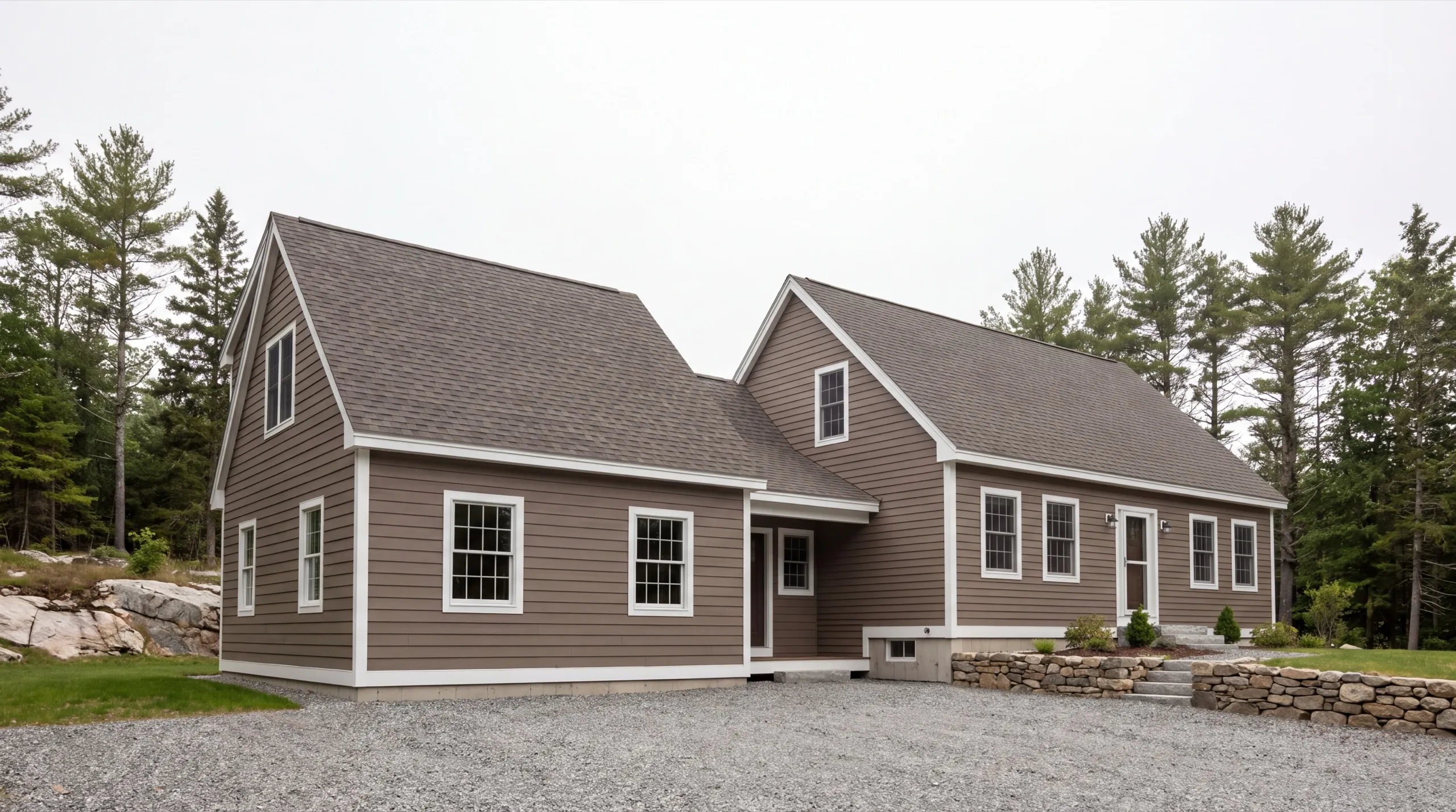 General contractor Central Maine: finished brown cape with a connected story-and-a-half wing on a gravel drive