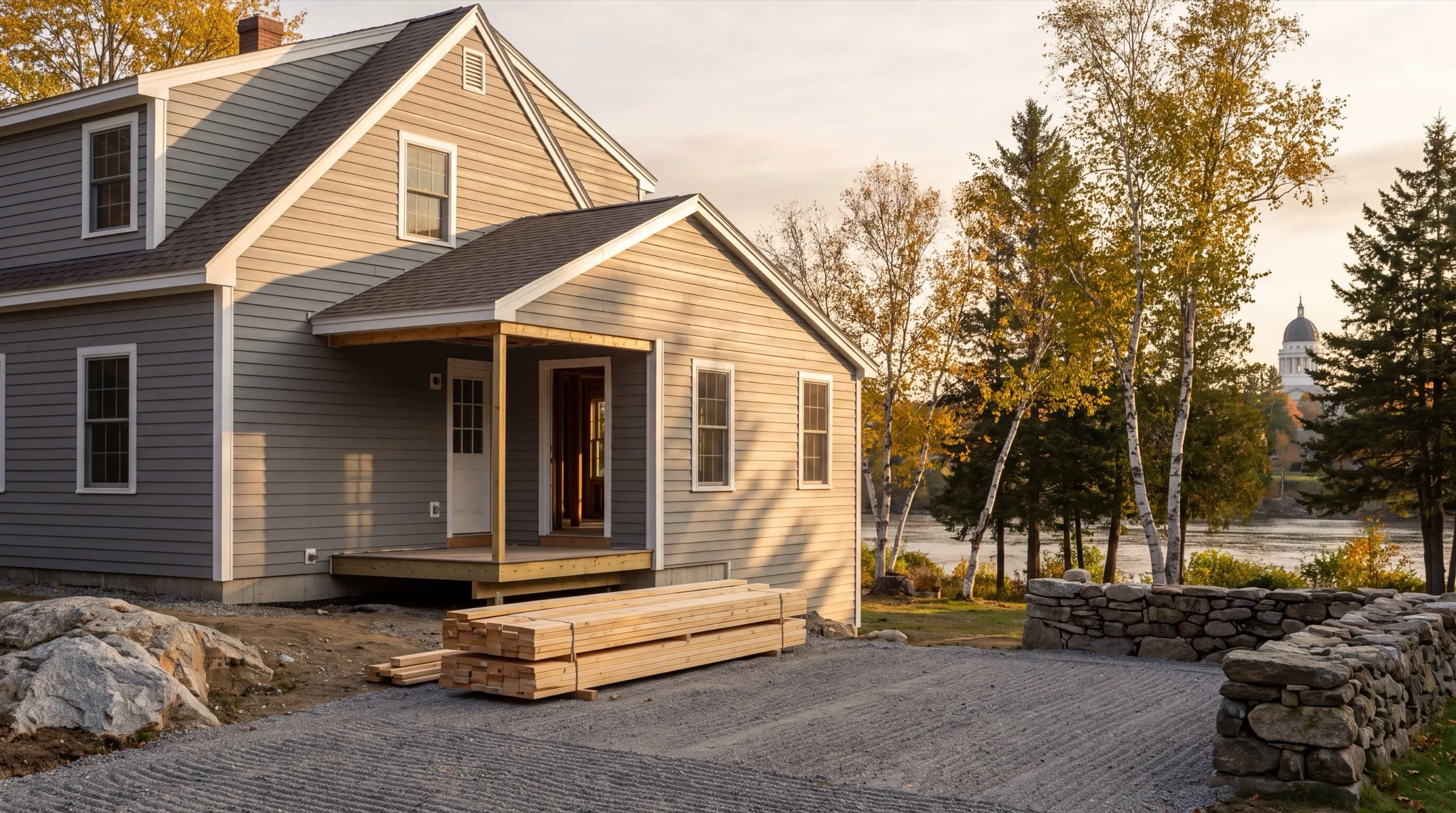 General contractor in Augusta, ME: gray cape with a new covered entry porch and stacked lumber on the drive