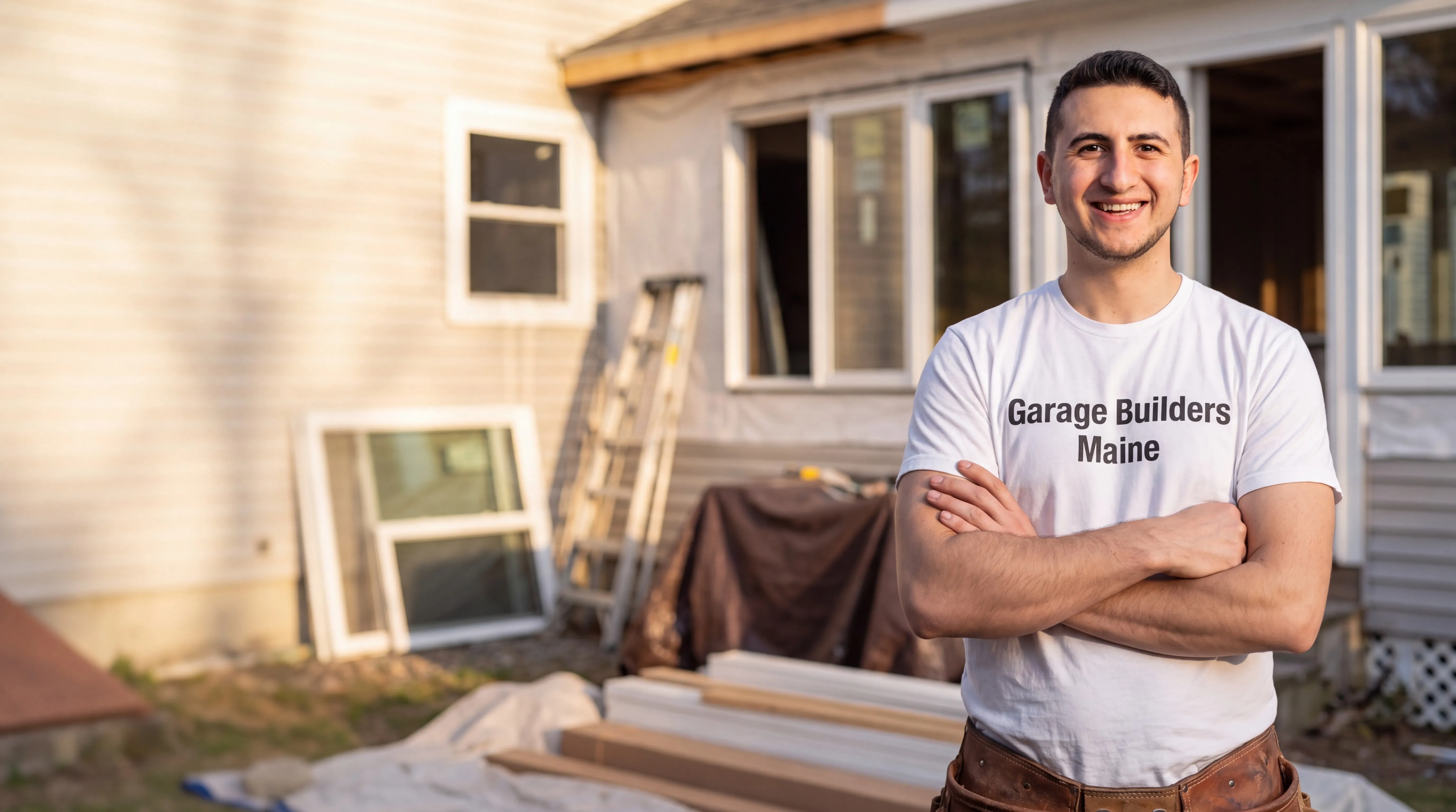 General contractor Augusta Maine: owner with arms crossed at a house renovation with windows out and trim stacked