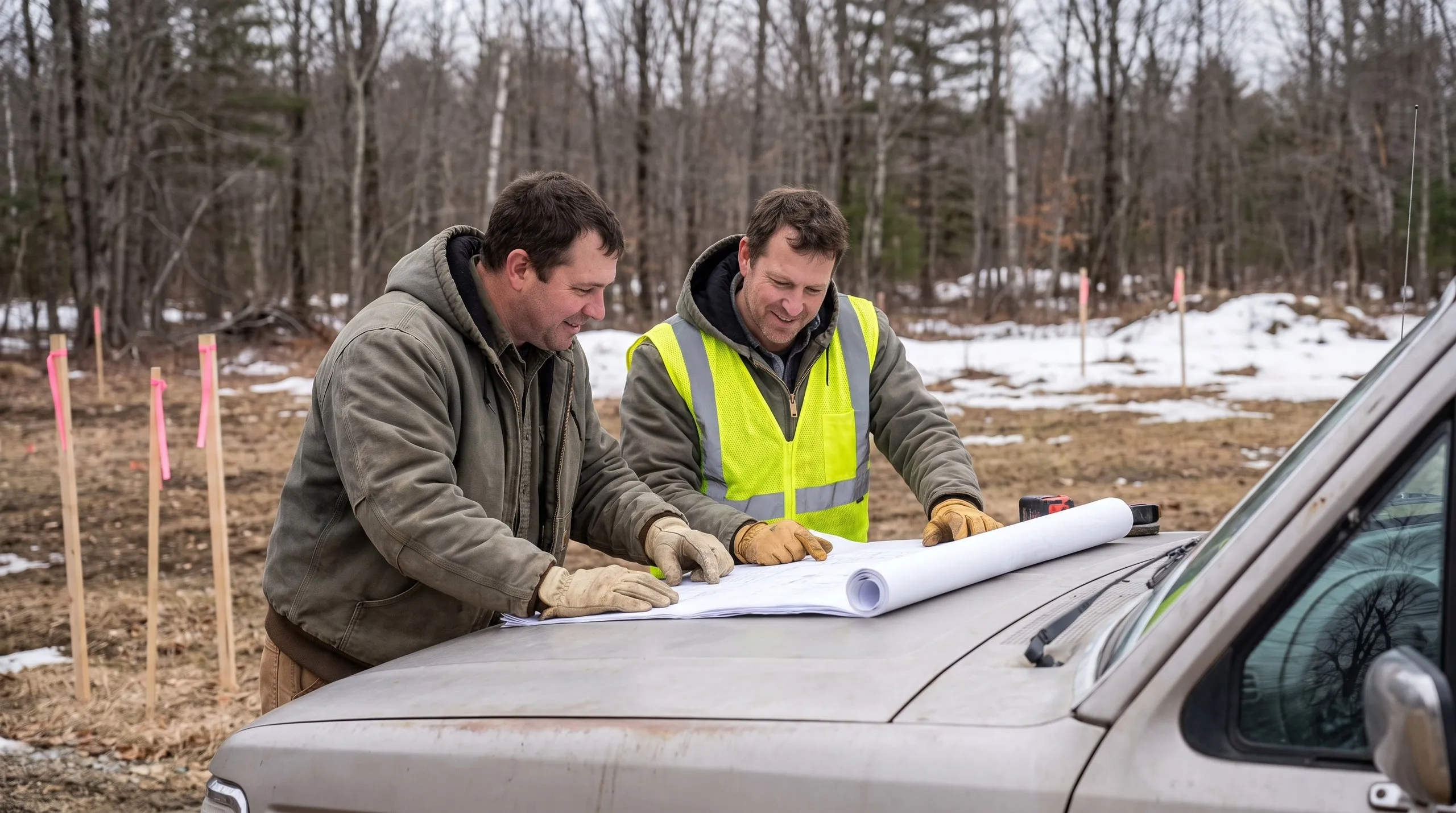 Construction company Augusta Maine: two men in work gloves reviewing plans on a pickup hood at a staked lot with patchy snow
