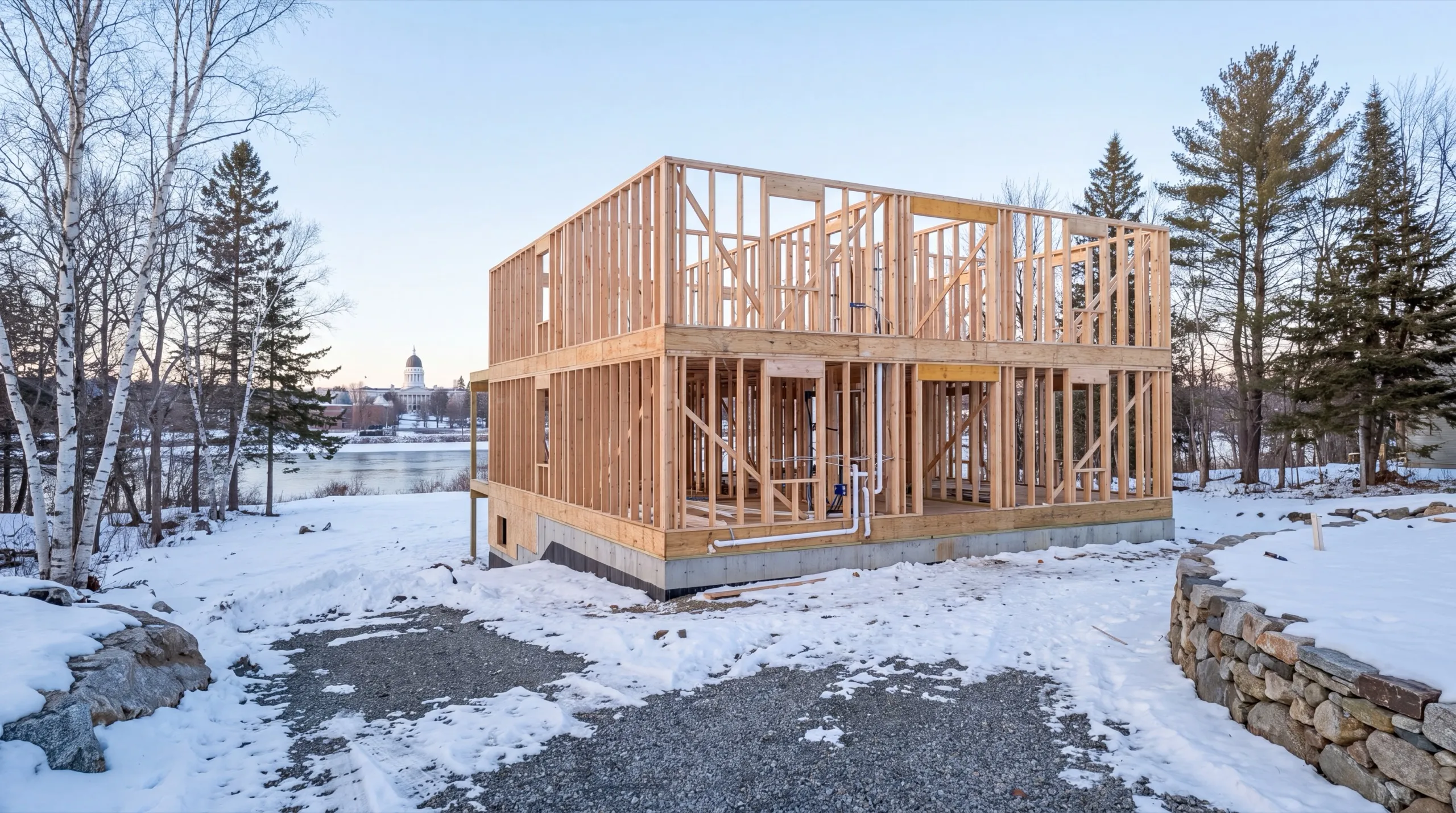 General contractor Augusta Maine: two-story house wall framing on a new foundation in the snow