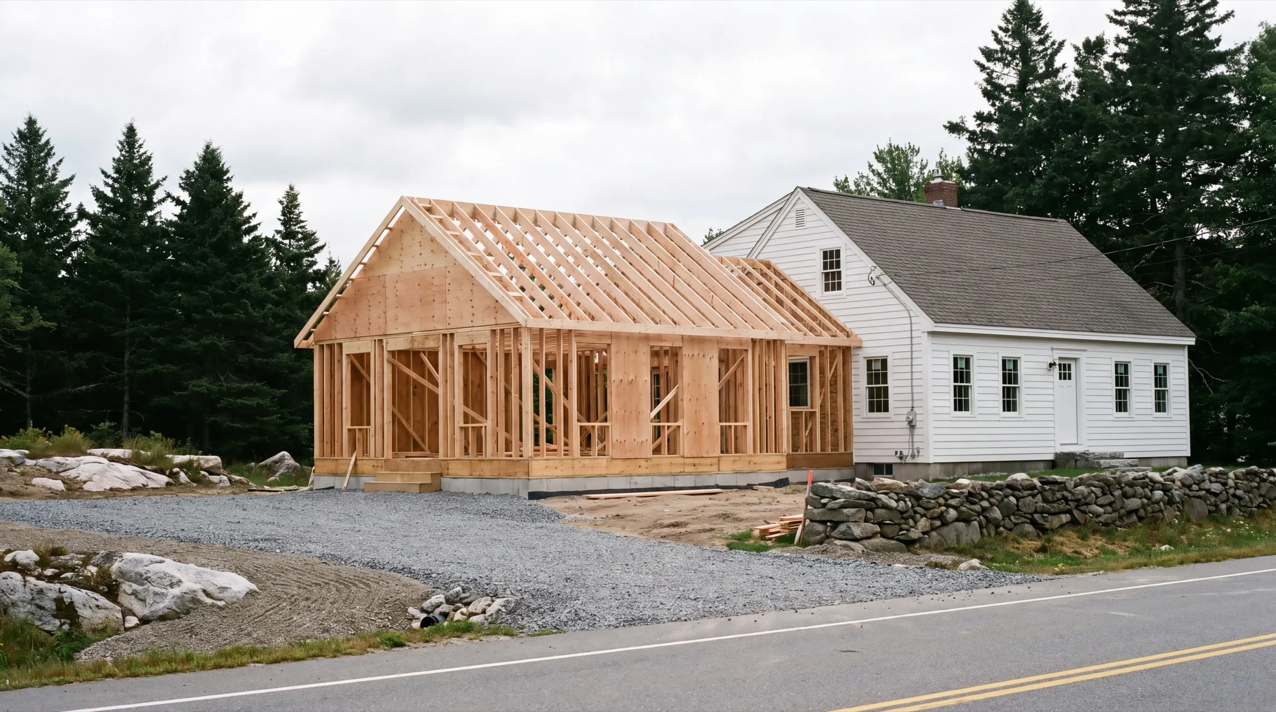 General contractor in Chelsea, ME: framed addition with roof rafters set beside a white cape near the road