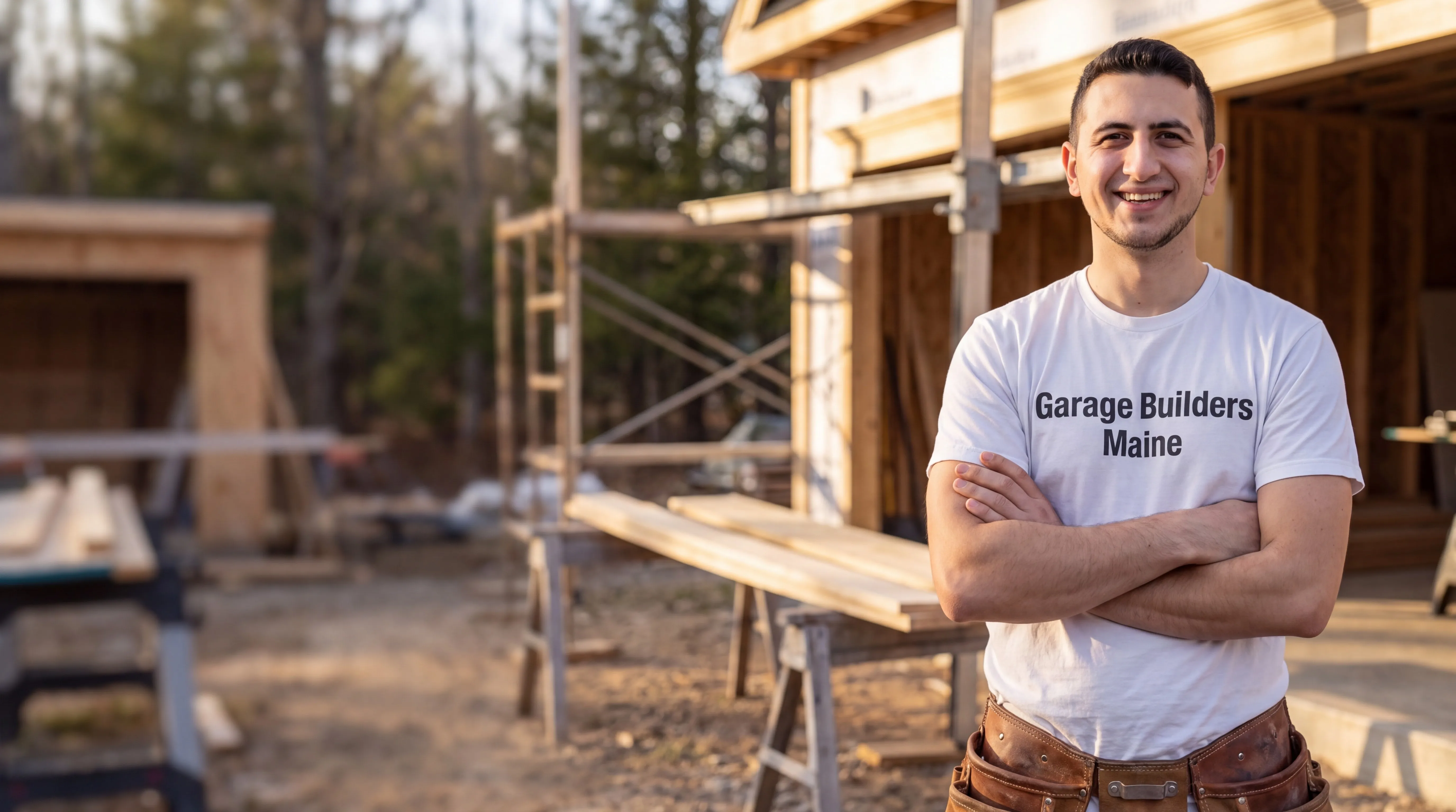 General contractor Chelsea Maine: owner with arms crossed at a framing job site with scaffolding and sawhorses