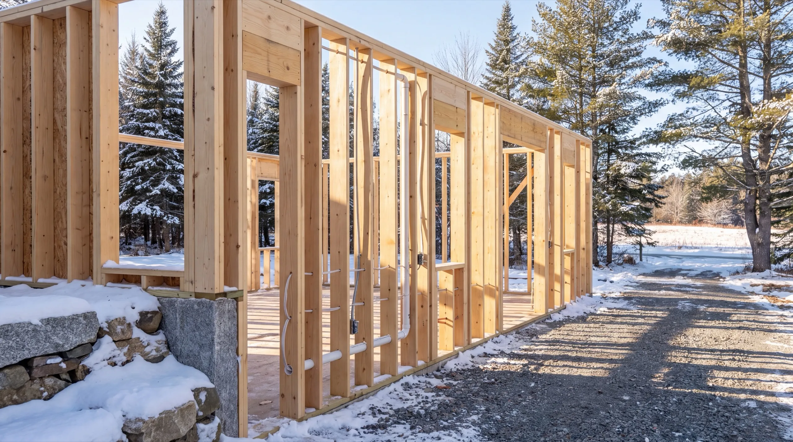 General contractor Chelsea Maine: new wall framing with plumbing and wiring runs on a deck in the snow