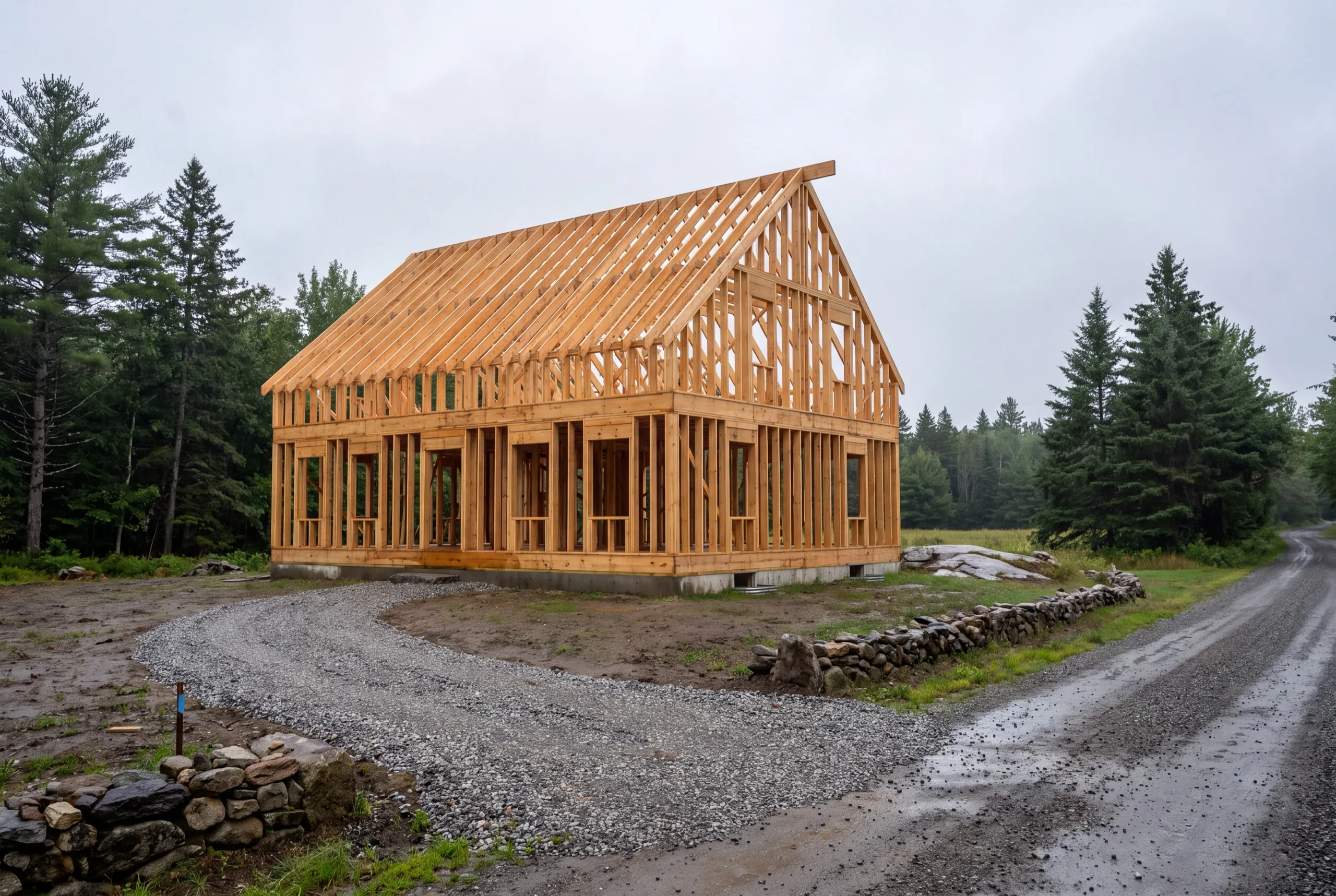 General contractor Chelsea Maine: new two-story house frame with rafters set beside a gravel drive