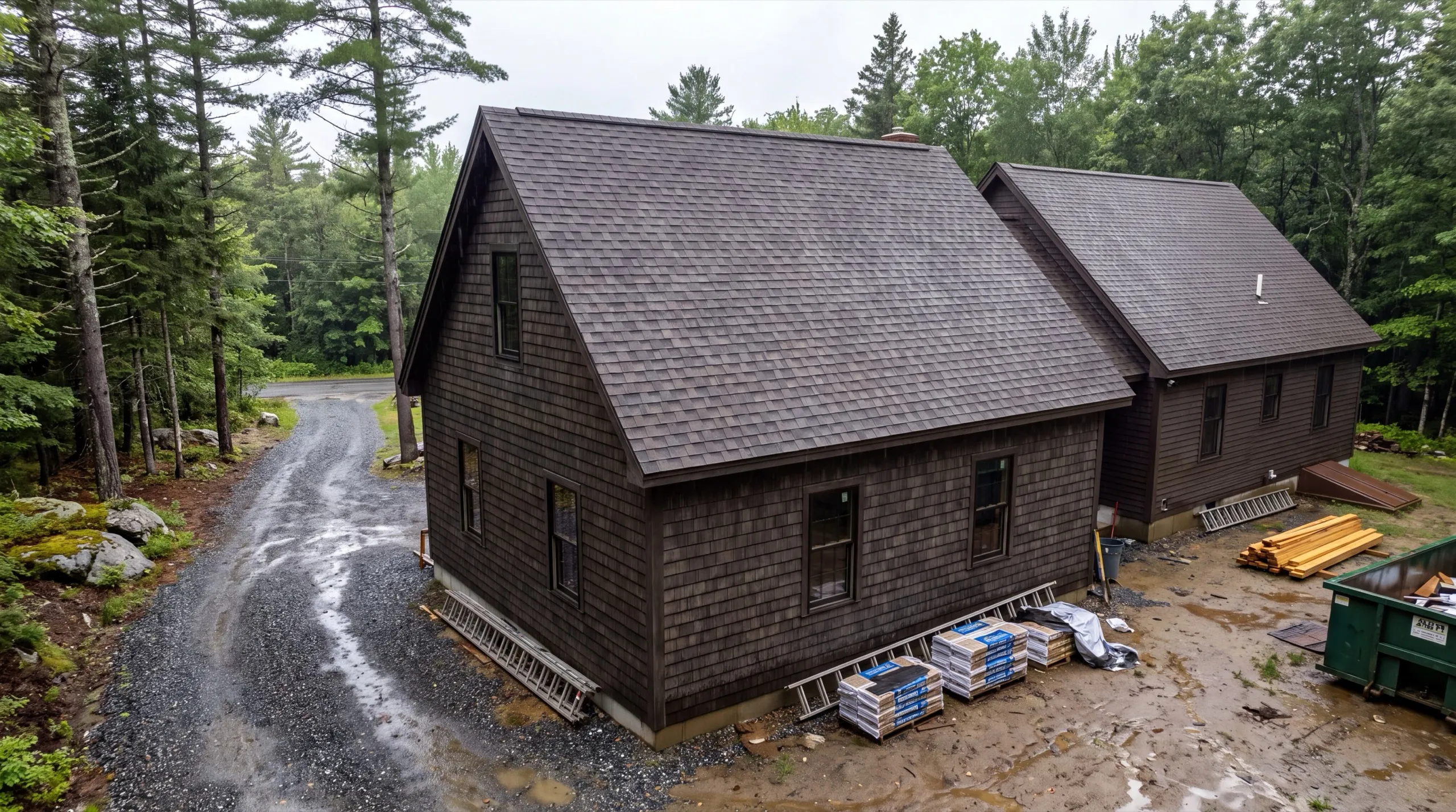 General contractor in Dresden, ME: dark shingled cape with roofing bundles, ladders and a dumpster on a muddy site