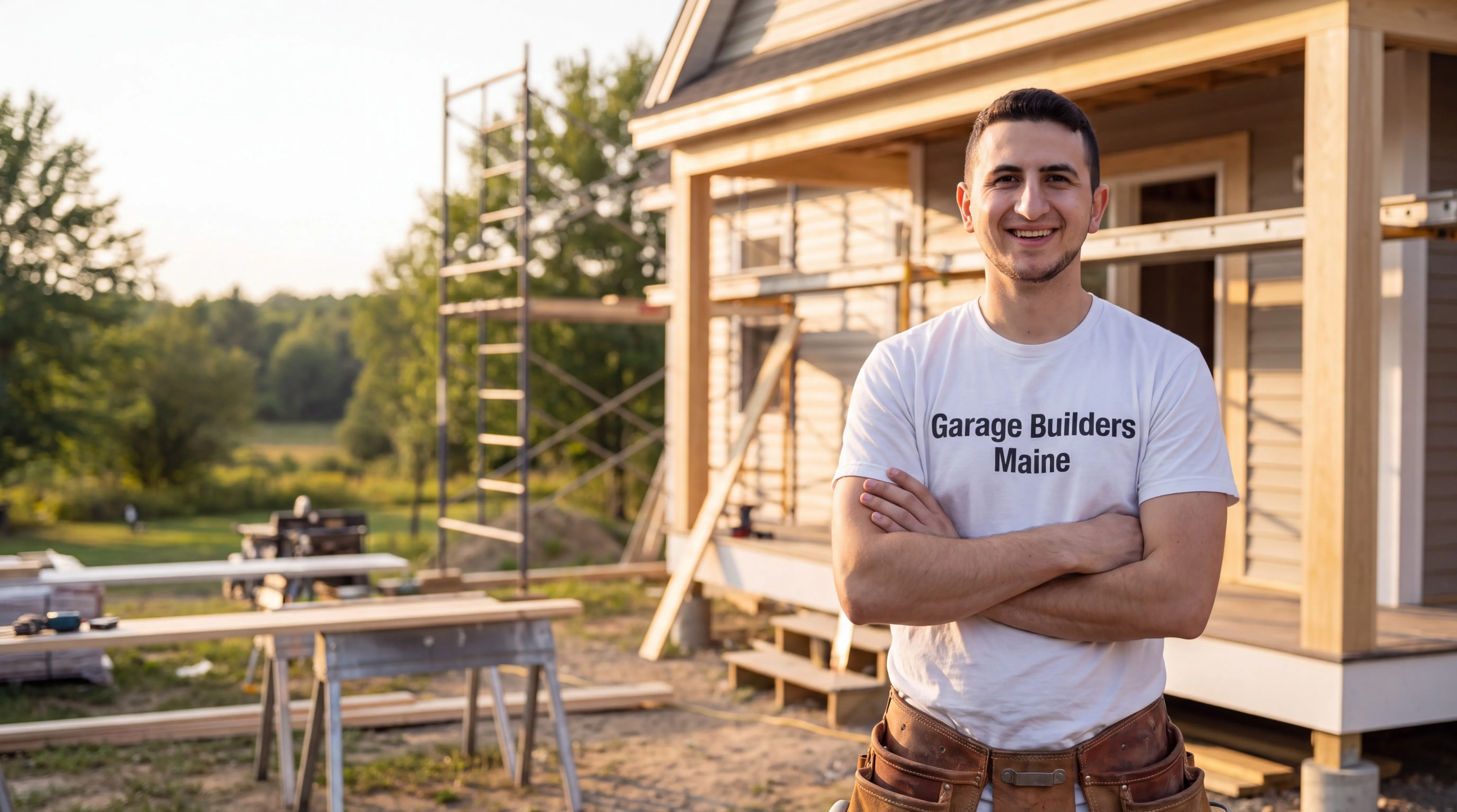 Owner of Garage Builders Maine standing with his arms crossed and smiling at a Maine job site
