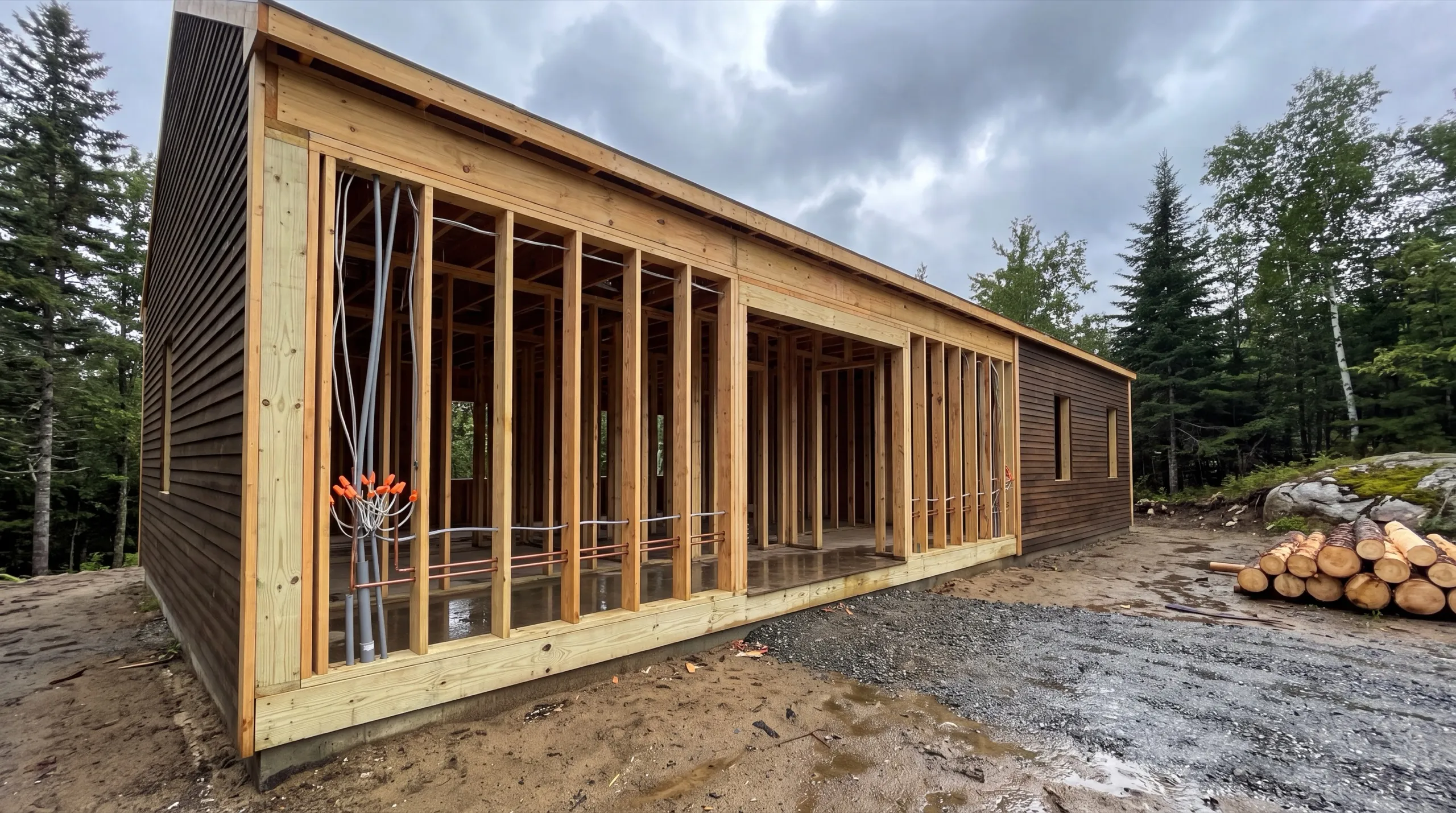 General contractor Dresden Maine: long house with an open framed wall showing new plumbing and wiring runs