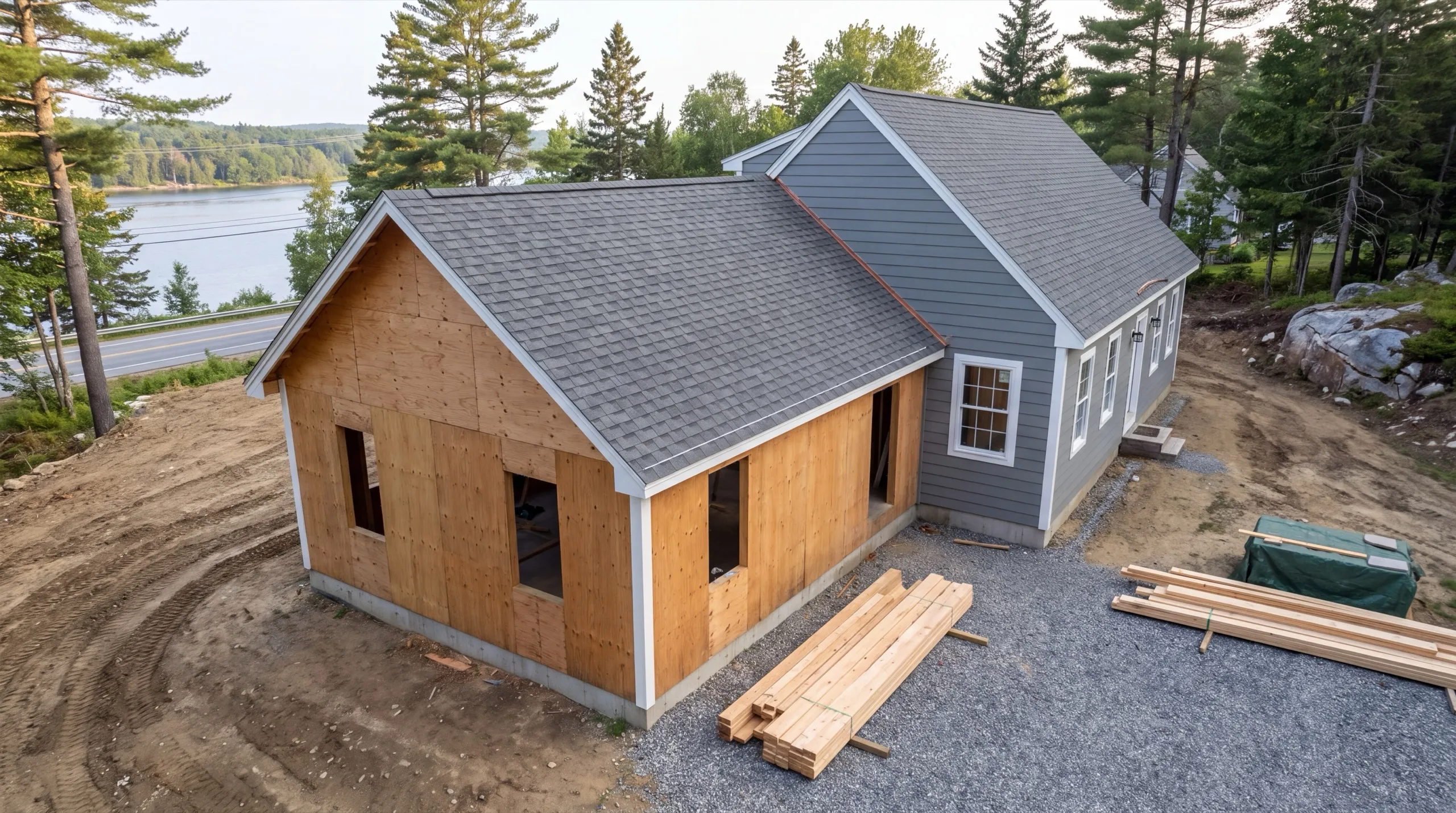 General contractor in Farmingdale, ME: plywood sheathed addition with a shingled roof off a gray house by a lake