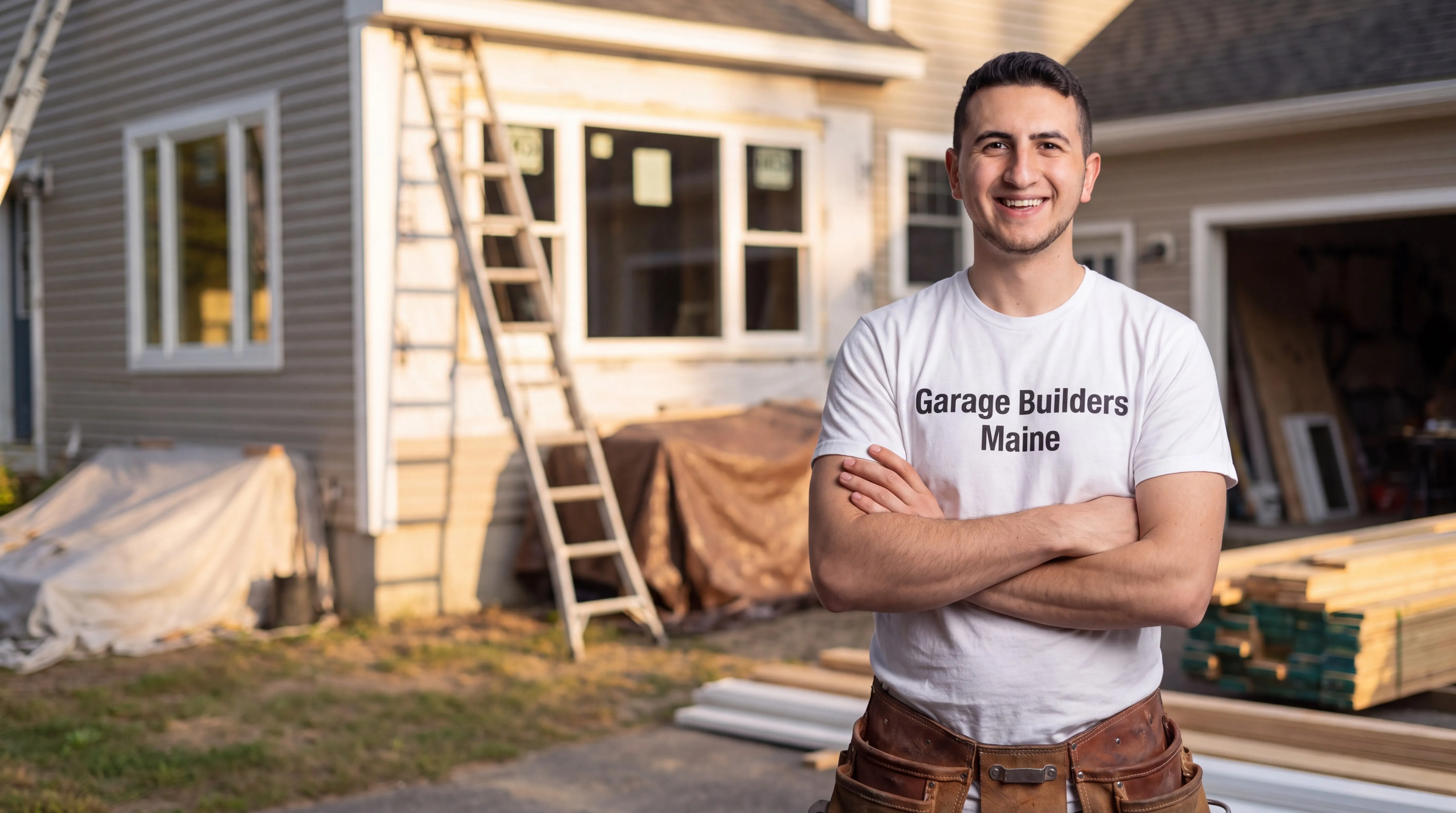 General contractor Farmingdale Maine: owner with arms crossed at a house renovation with a ladder, tarps and lumber