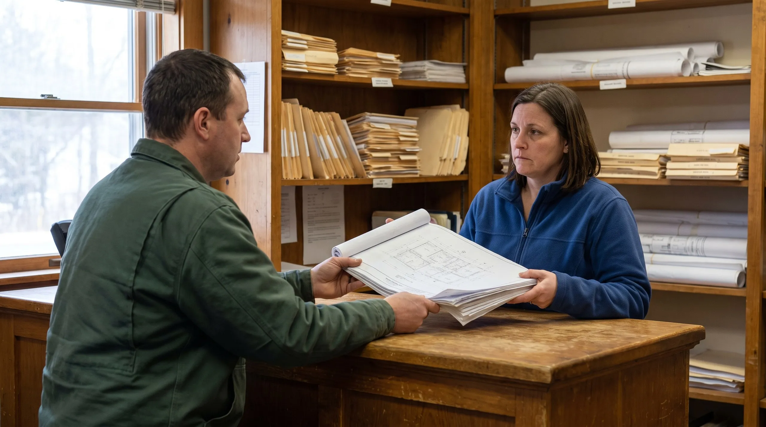 Construction company Farmingdale Maine: contractor hands a set of floor plans to a clerk across a wooden counter lined with file shelves