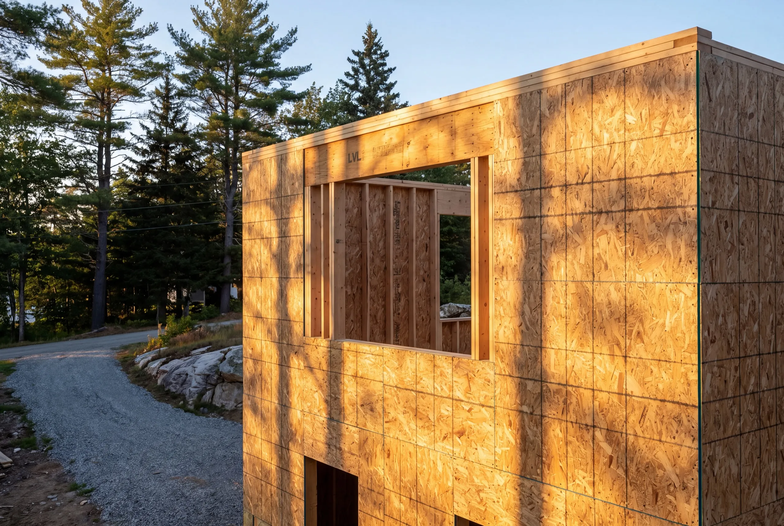 Residential general contractor Farmingdale Maine: new two-story wall sheathed in plywood with a framed window opening