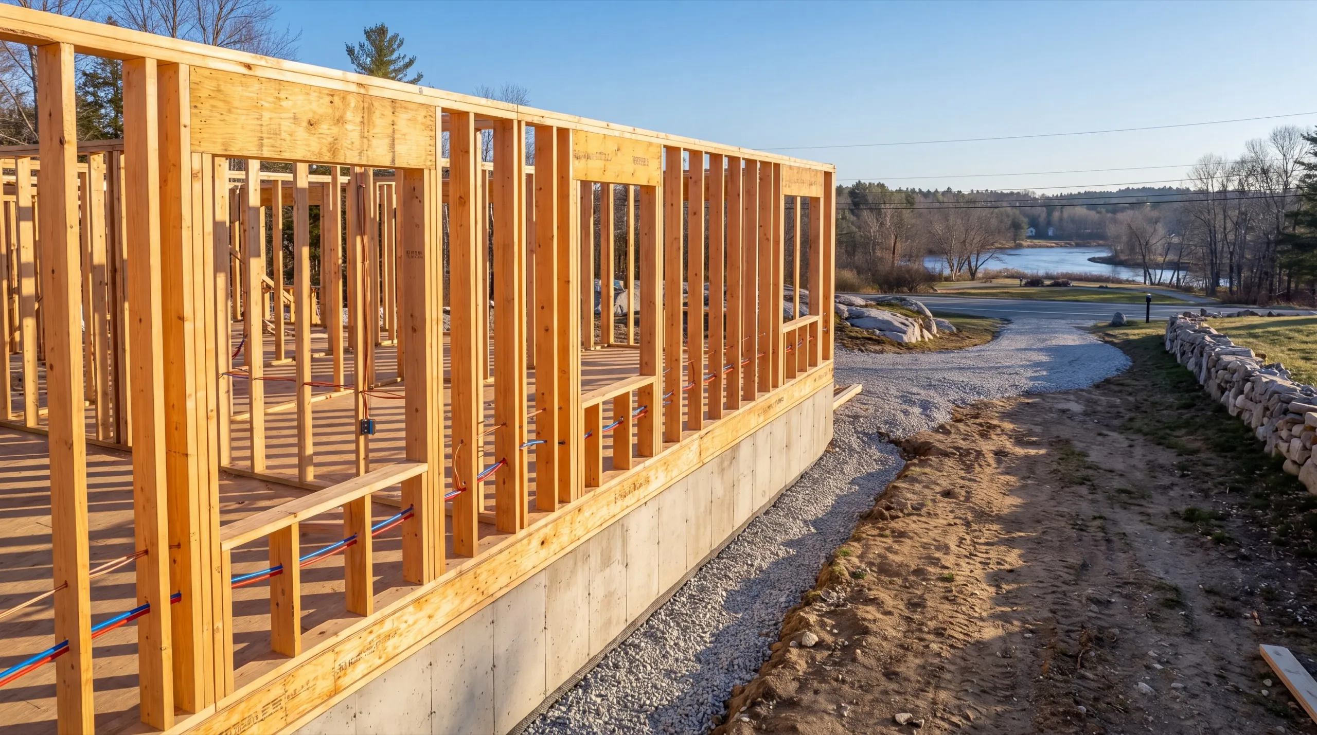 General contractor Farmingdale Maine: new wall framing with wiring runs on a deck over a poured foundation
