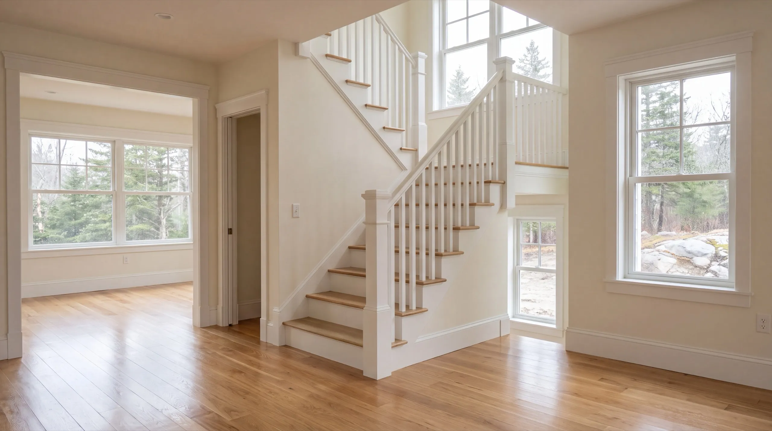 Residential general contractor Farmingdale Maine: finished front hall with a white staircase, wood floor and tall windows