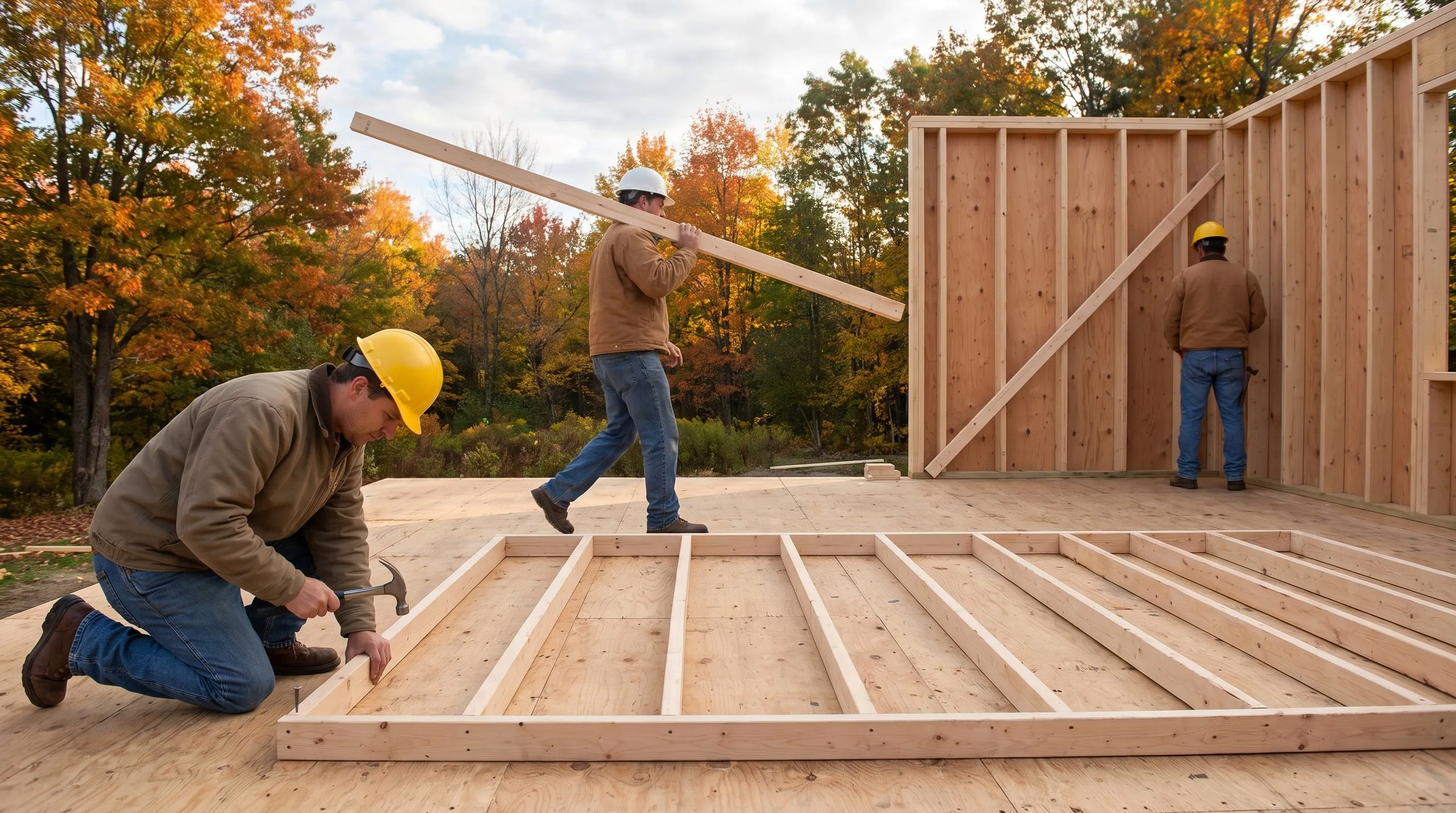 Residential general contractor Central Maine: crew in hard hats nailing a stud wall on the deck beside raised sheathed walls