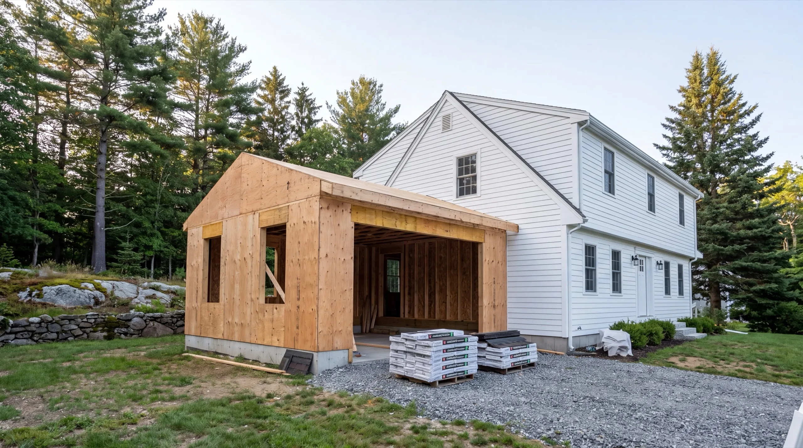 General contractor in Gardiner, ME: sheathed garage addition framed beside a white colonial with shingle bundles