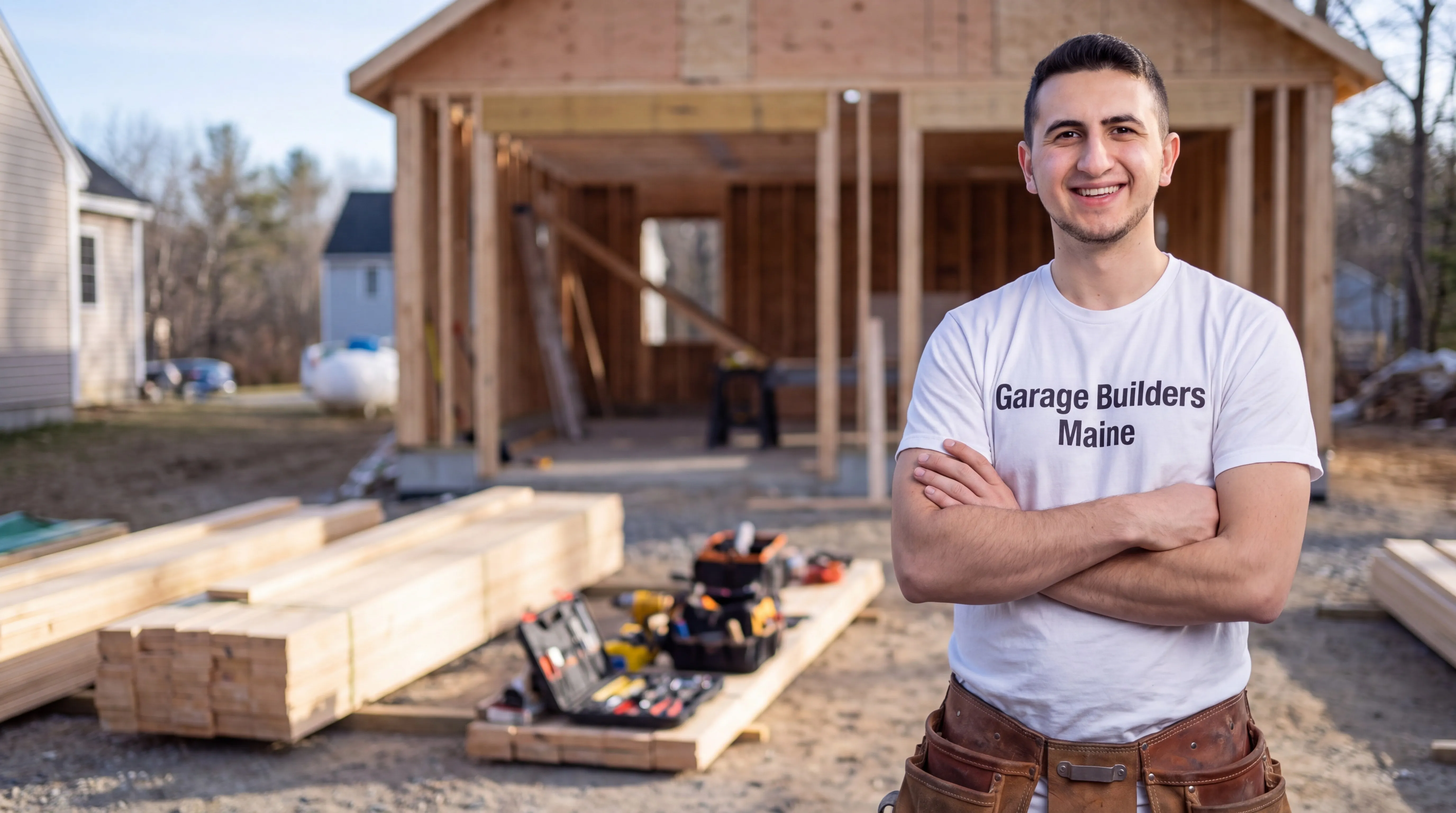 Owner of Garage Builders Maine standing with his arms crossed and smiling at a Maine job site