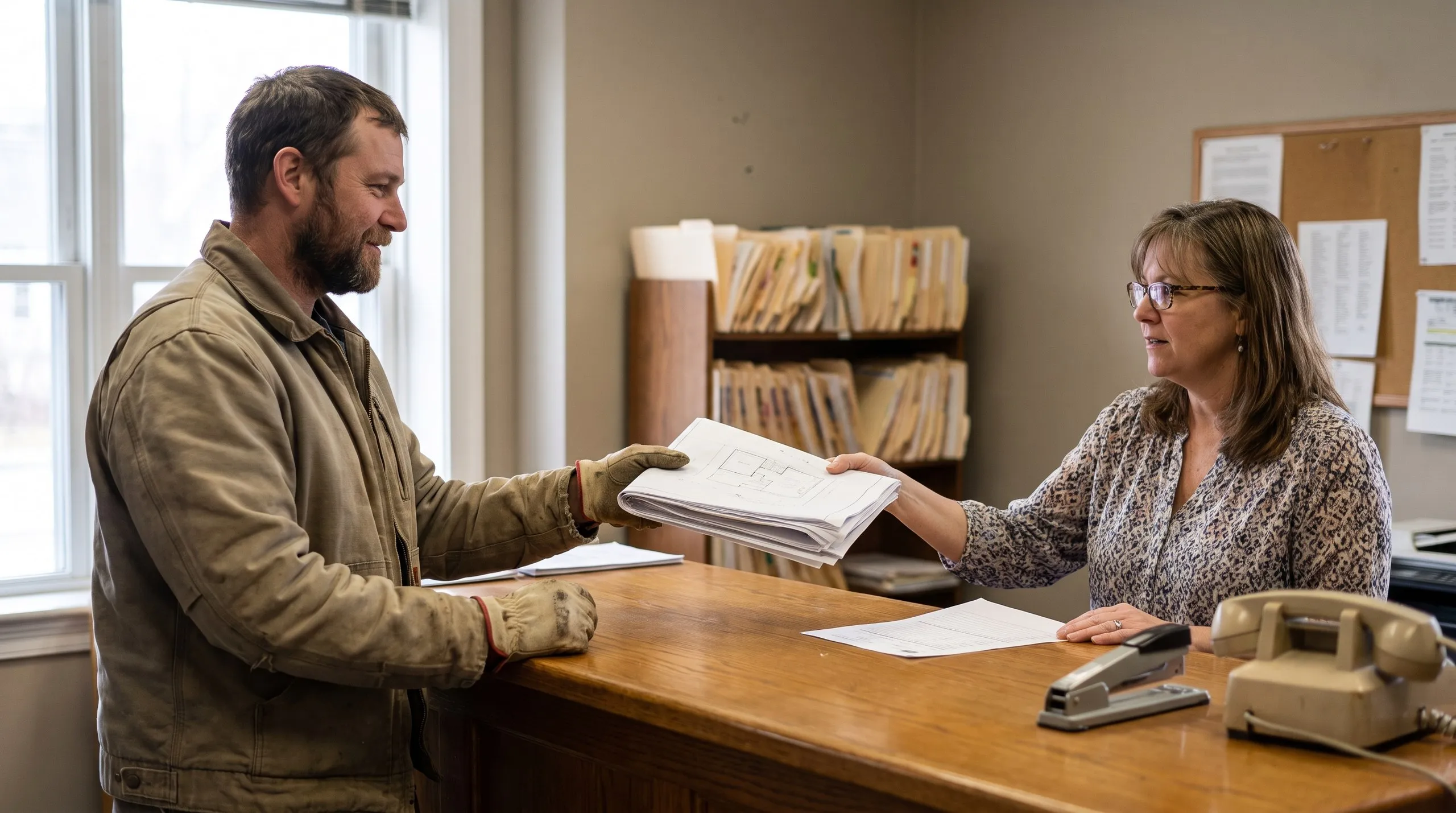 Construction company Gardiner Maine: man in work gloves handing a set of floor plans to a clerk across a wooden counter