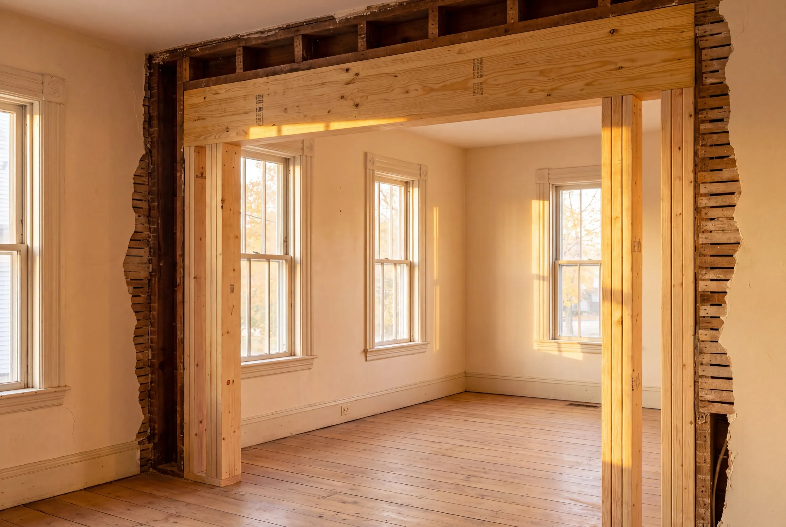 Construction company Gardiner Maine: new beam and posts in a widened opening cut through an old plaster wall